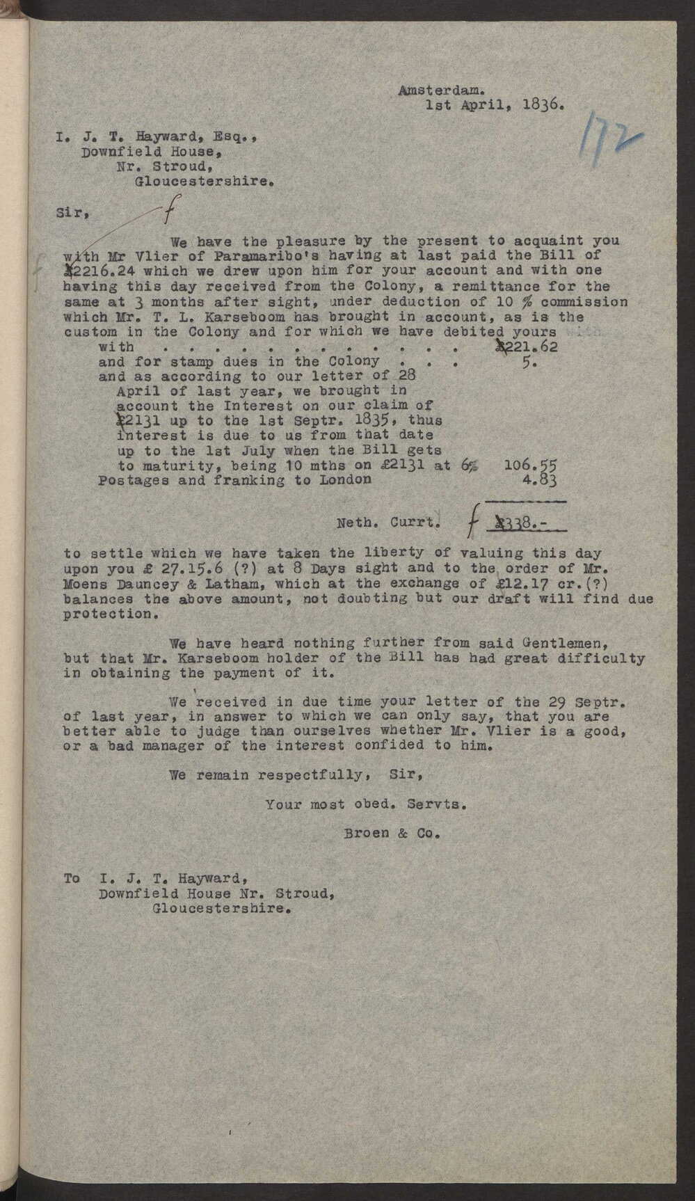 Transcript of letter Broen and Co to  I J T Hayward, Stroud, 1 April 1836