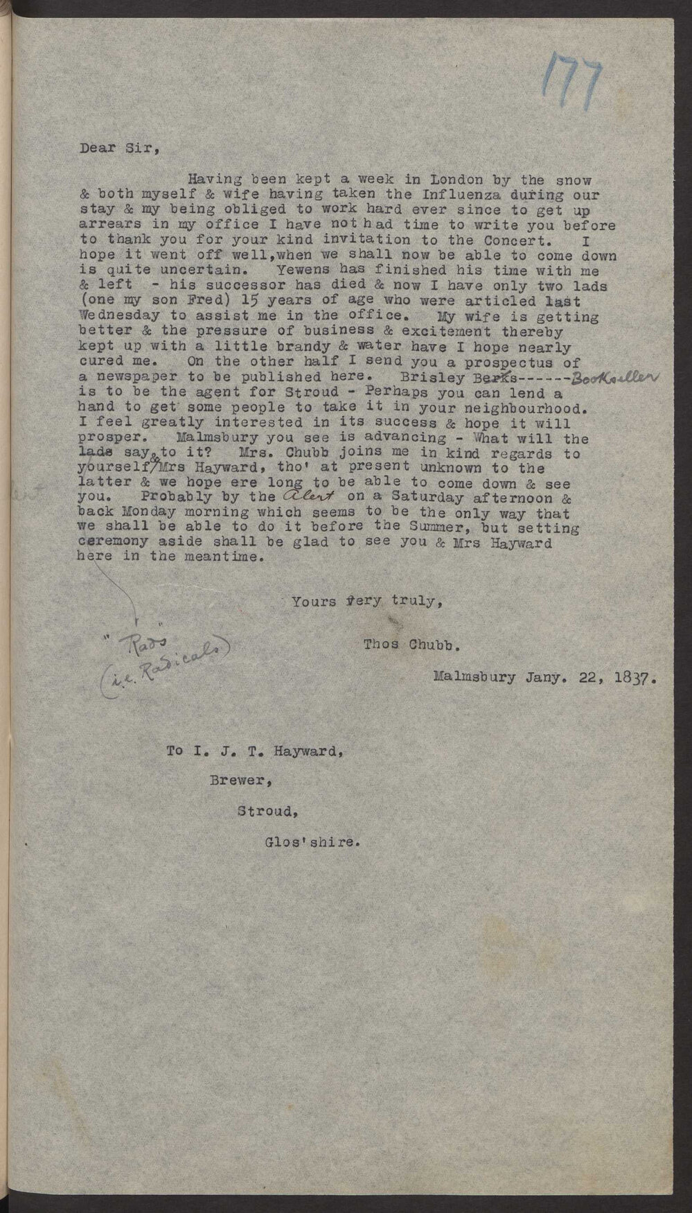Transcript of letter Thos Chubb, London to I J T Hayward, Stroud