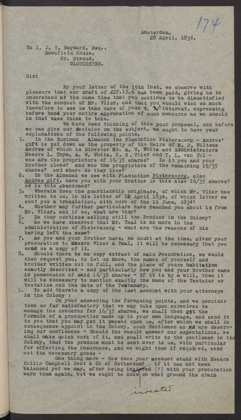 Transcript of letter Broen and Co to  I J T Hayward, Stroud, 28 April 1836