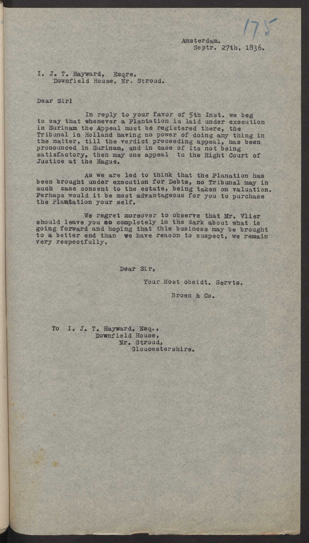 Transcript of letter Broen and Co to  I J T Hayward, Stroud, 27 September 1836