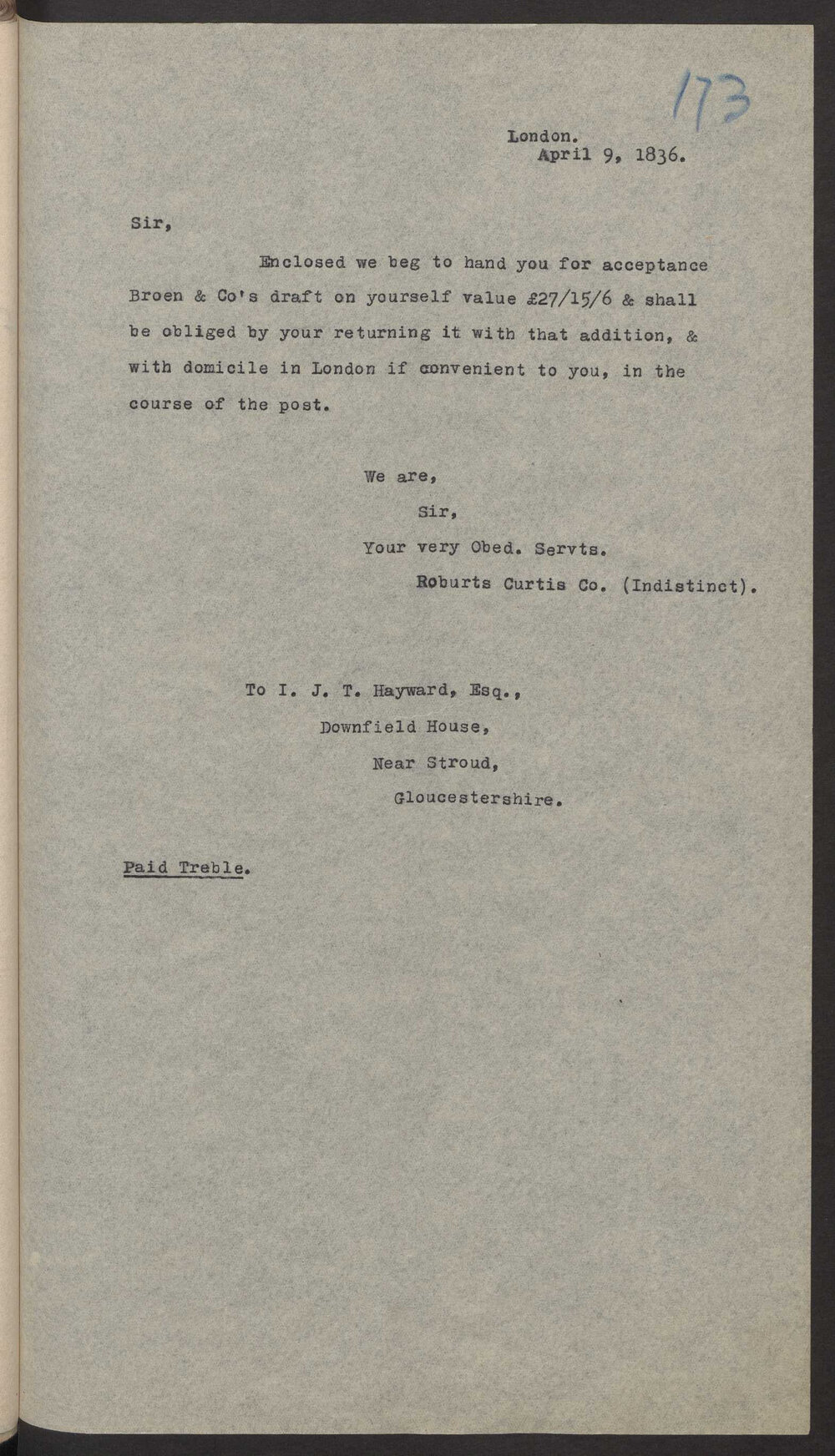 Transcript of letter Robert Curtis Co to I J T Hayward