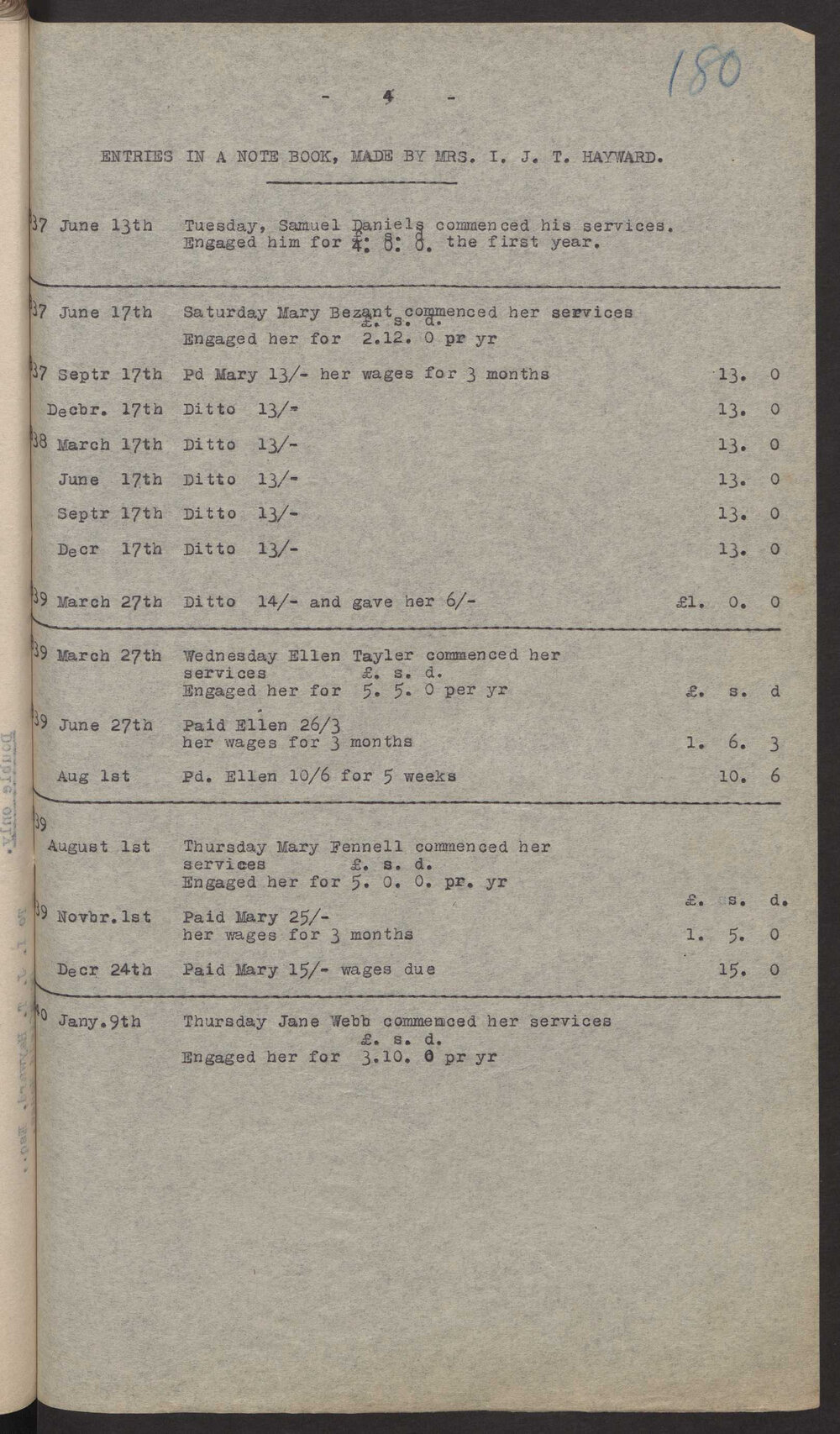 Transcript of notebook entries made by Mrs I J T Hayward