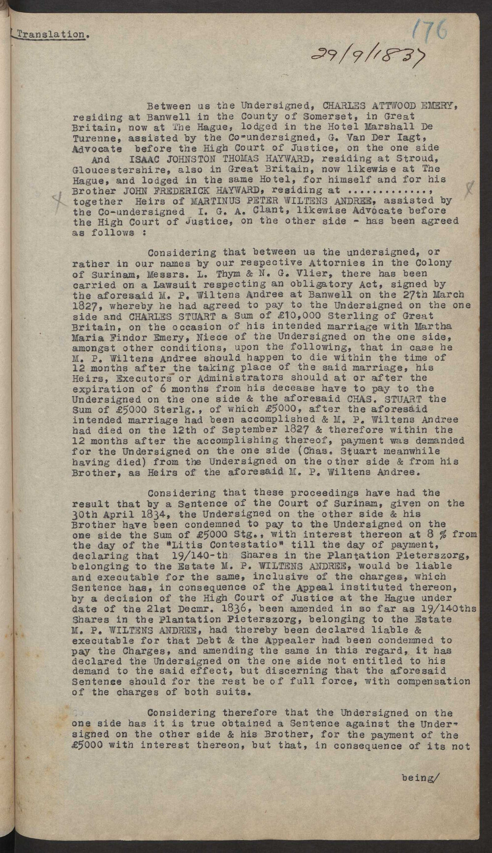 Transcript of conditions of settlement between I J T Hayward and Emery