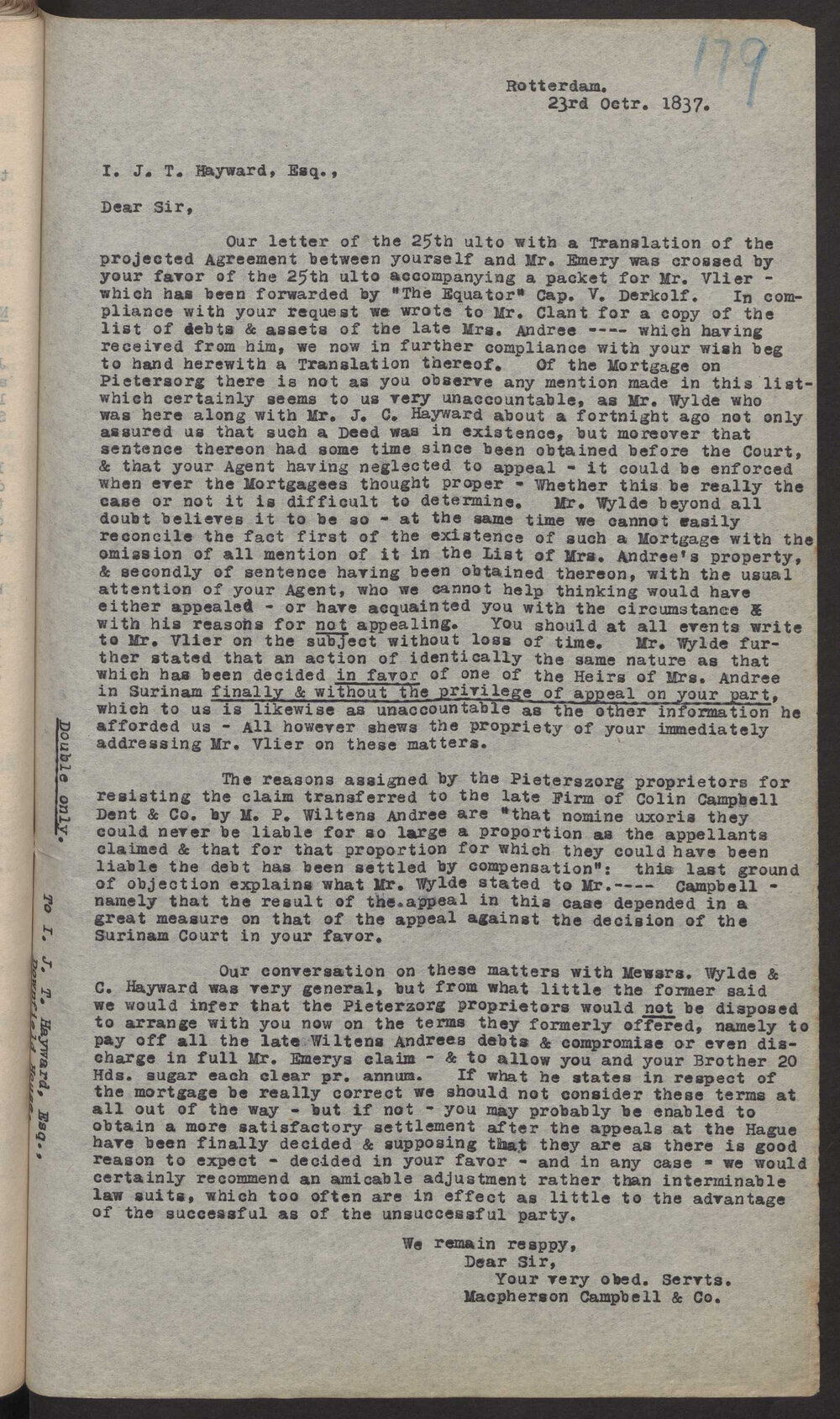 Transcript of letter Macpherson Campbbell and Co, Rotterdam to I J T Hayward
