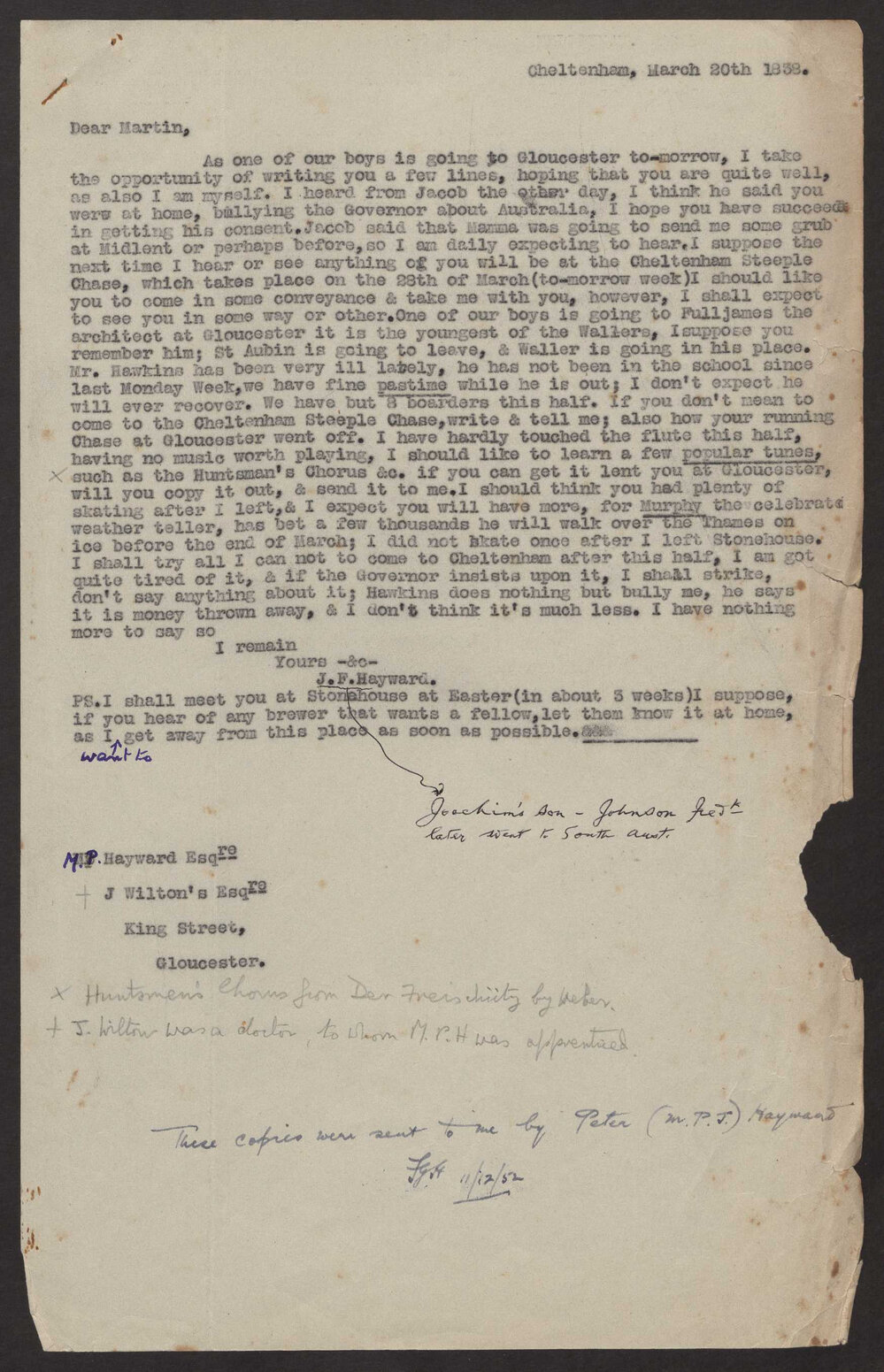 Transcript of letter Johnson Fredk Hayward to his brother Martin Peter Hayward, Glousc.