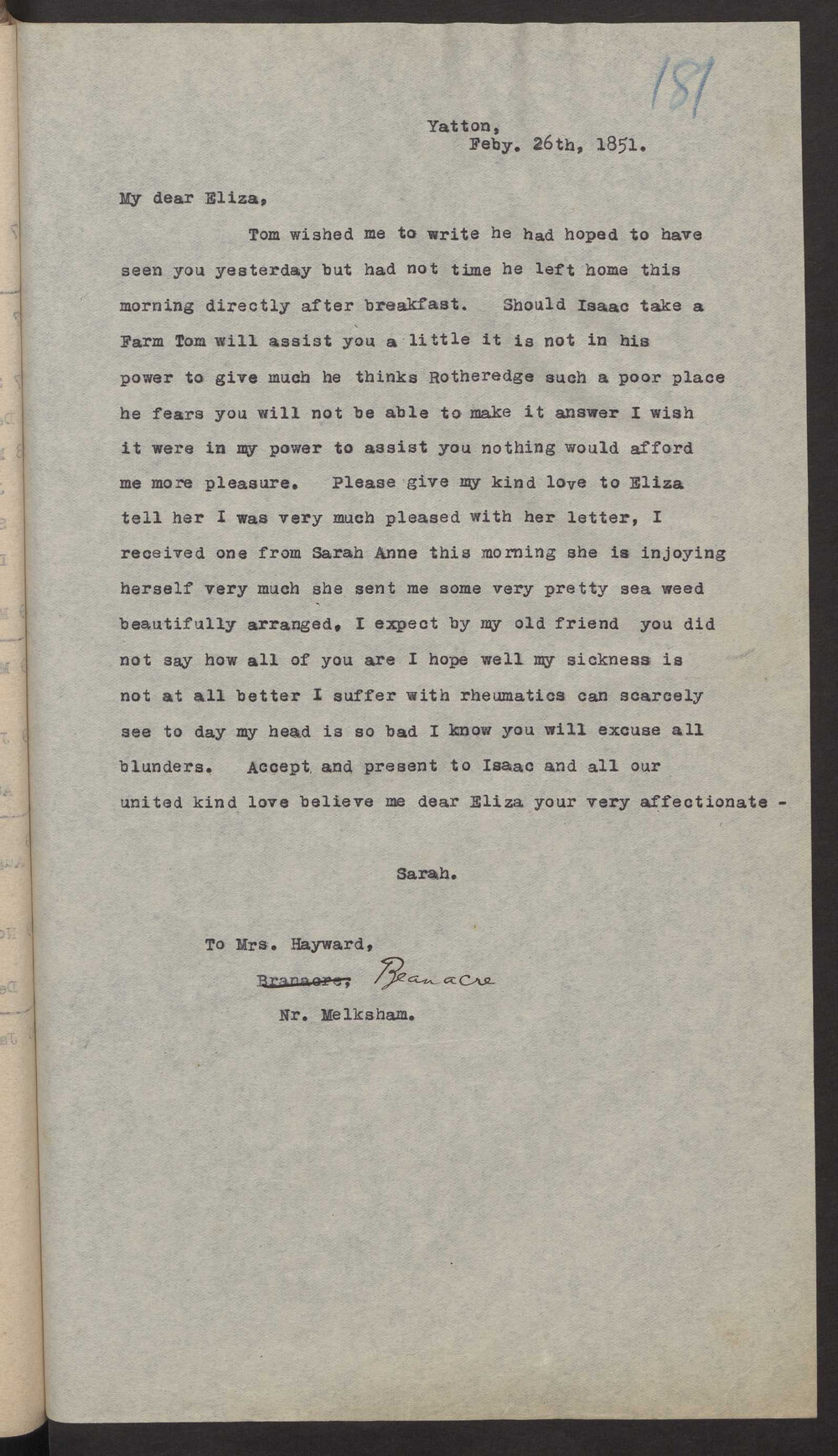 Transcript of letter Sarah (Beaven) to Mrs I J T Hayward