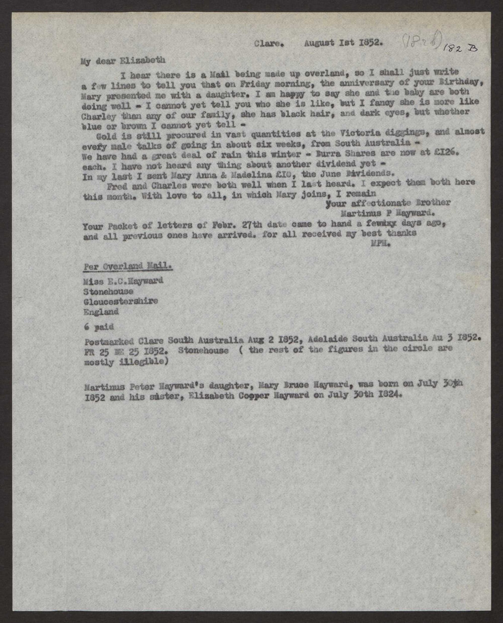 Transcript of letter Martinus P Hayward , Clare, South Australia to Elizabeth C Hayward, Stroud