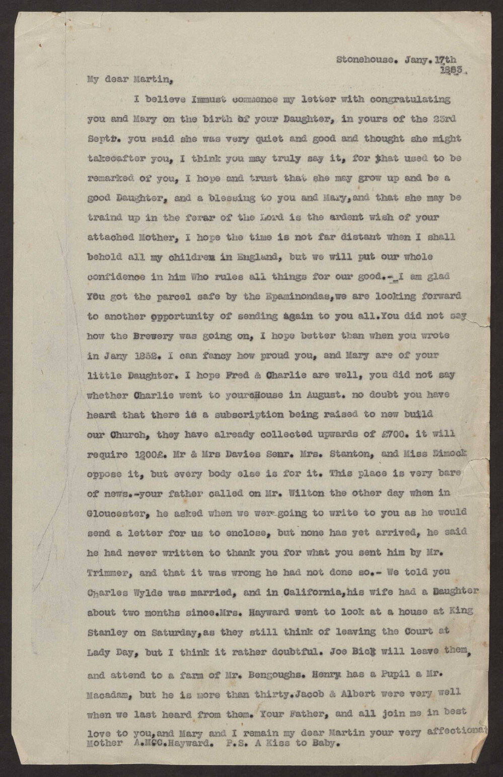 Transcript of letter Anna Maria Catherina Hayward, Stonehouse, Glousc. to her brother Martin Peter Hayward,Adelaide, South Australia