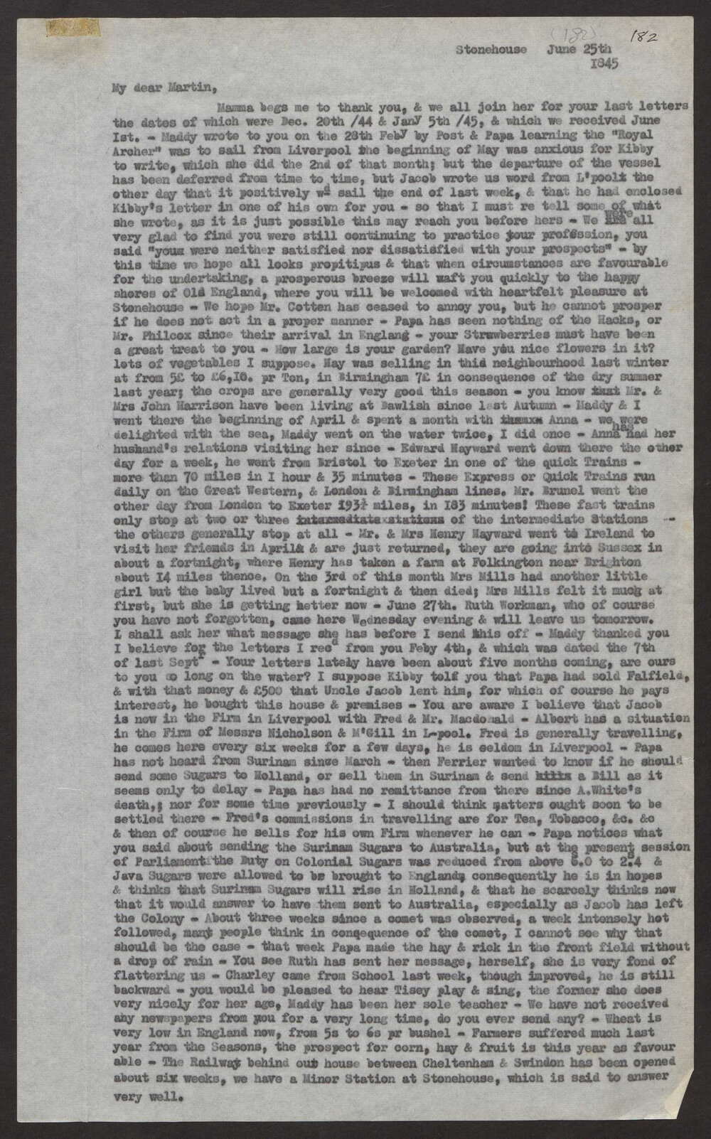 Transcript of letter Mary Anna Hayward, Stonehouse, Glousc. to her brother Martin Peter Hayward,Adelaide, South Australia, 25 June 1845