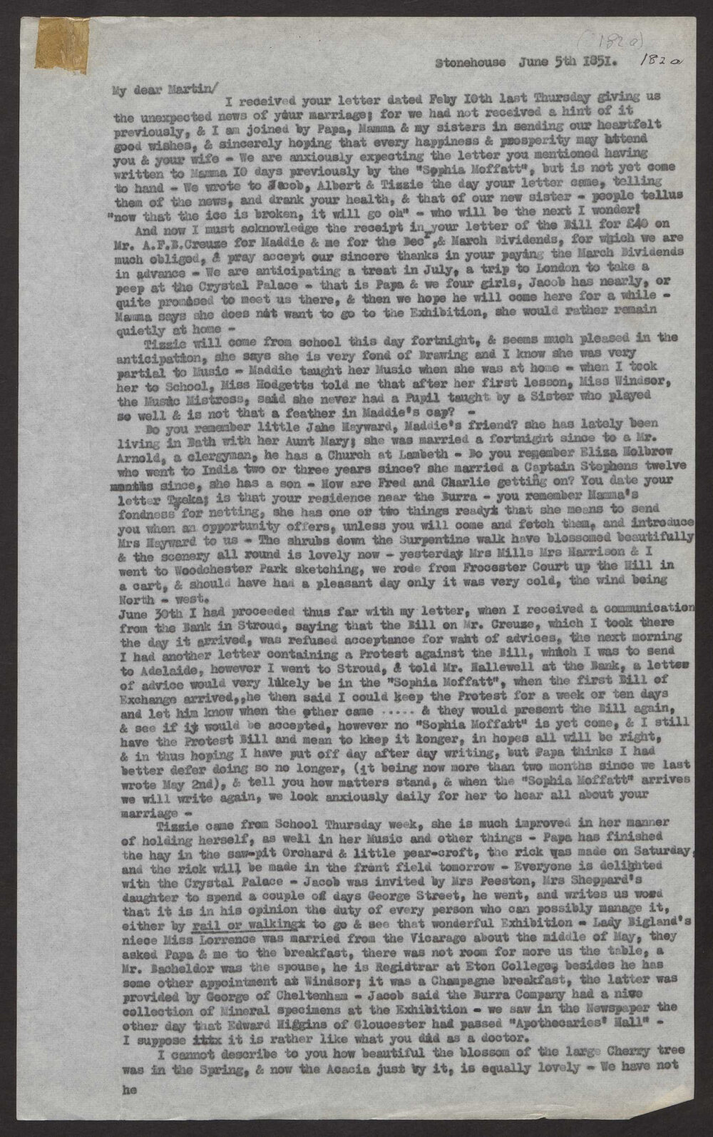 Transcript of letter Mary Anna Hayward, Stonehouse, Glousc. to her brother Martin Peter Hayward,Adelaide, South Australia, 5 June 1851