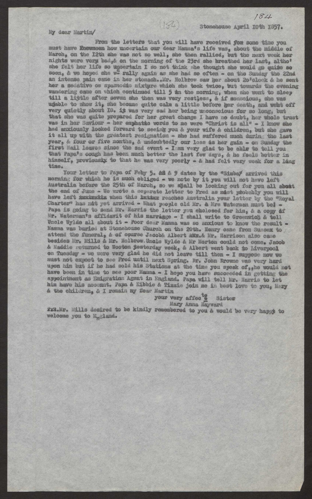 Transcript of letter Mary Anna Hawyard, Stonehouse to Martin Peter Hayward, South Australia