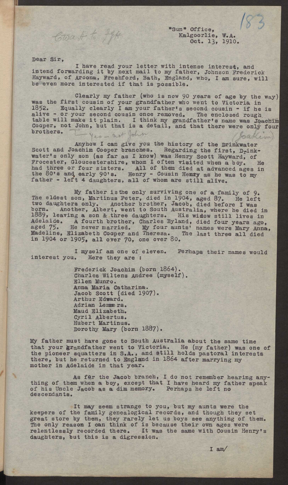 Transcript of letter C W A Hayward, Kalgoorlie W A to F G Hayward, 13 October 1910