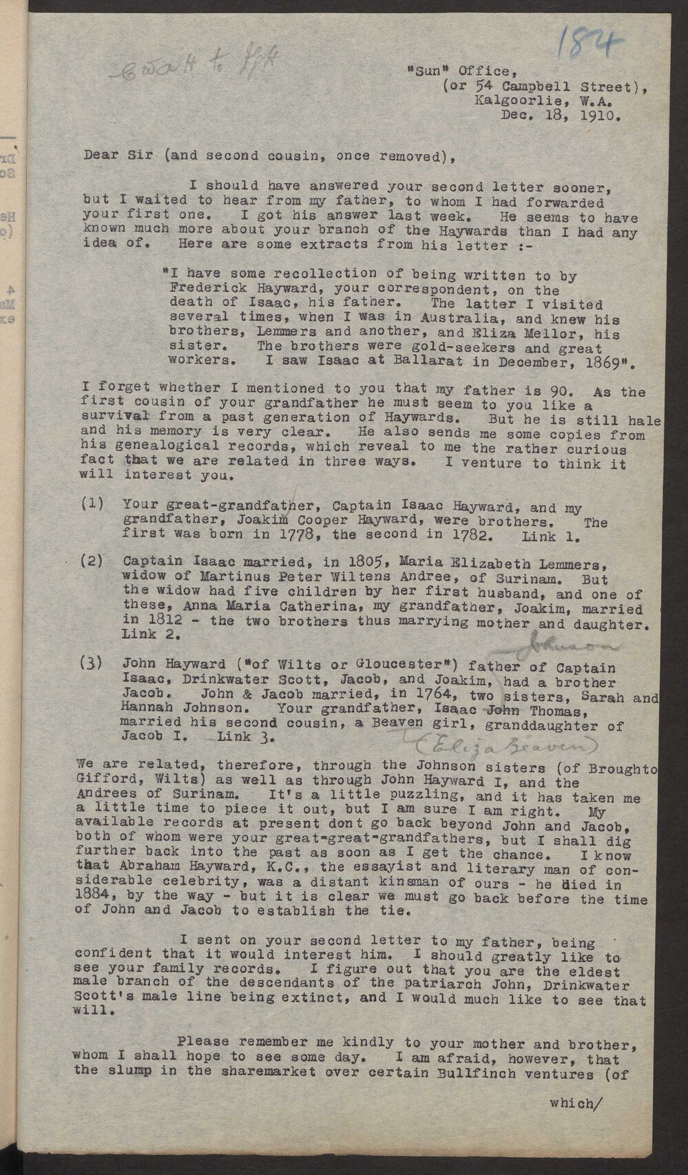 Transcript of letter C W A Hayward, Kalgoorlie W A to F G Hayward, 18 December 1910