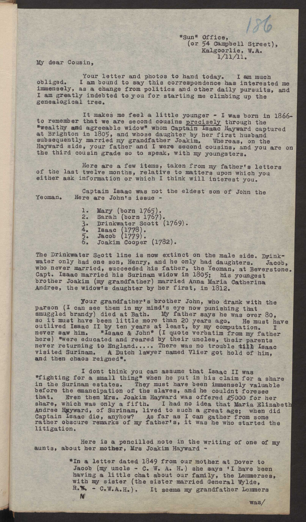 Transcript of letter C W A Hayward, Kalgoorlie W A to F G Hayward, 1 November 1911