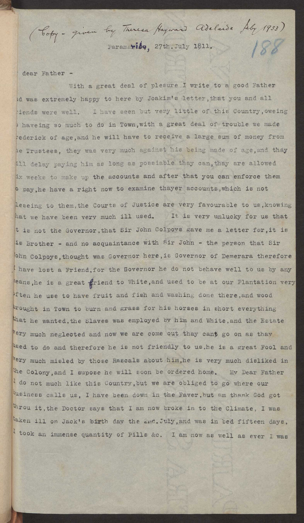 Transcript of letter Captain Isaac Hayward, Surinam to his father John Hayward, 27 July 1811