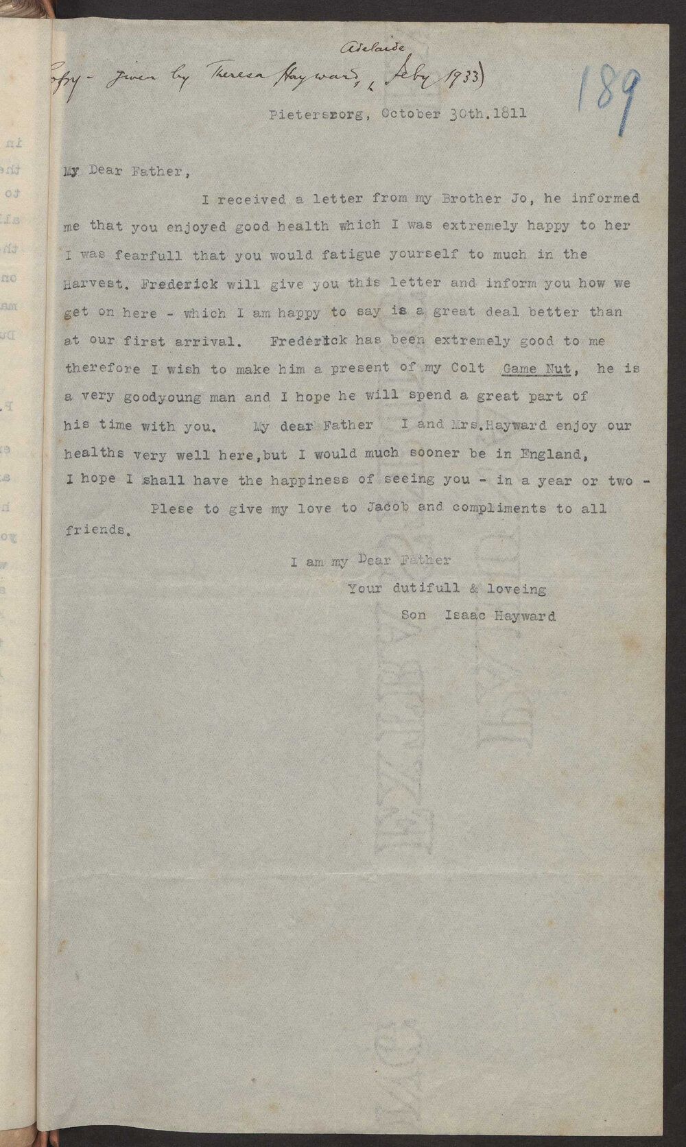Transcript of letter Captain Isaac Hayward, Surinam to his father John Hayward, 30 October 1811