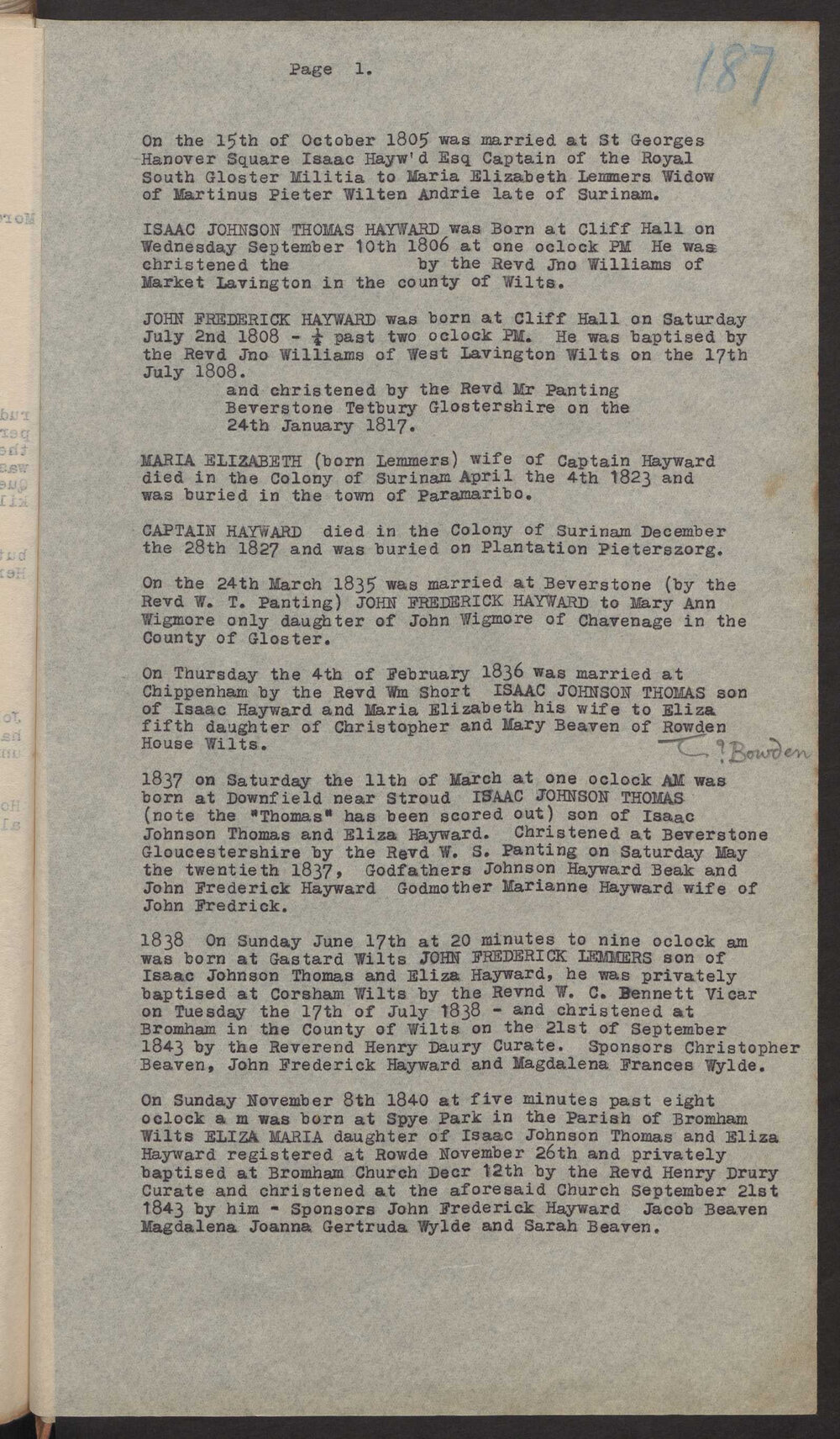 Transcript of extracts from Bible in possession of Hayward. The following were furnished to F G H by Theresa Hayward, Adelaide