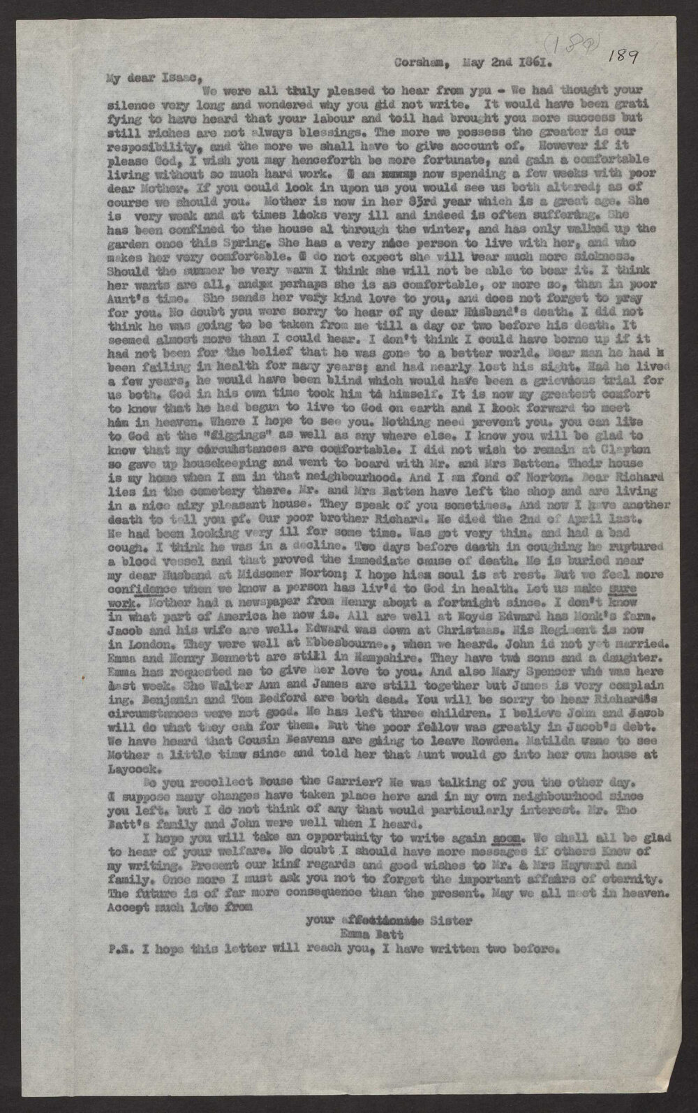 Transcript of letter Emma Batt to brother in law(?), Isaac Hayward