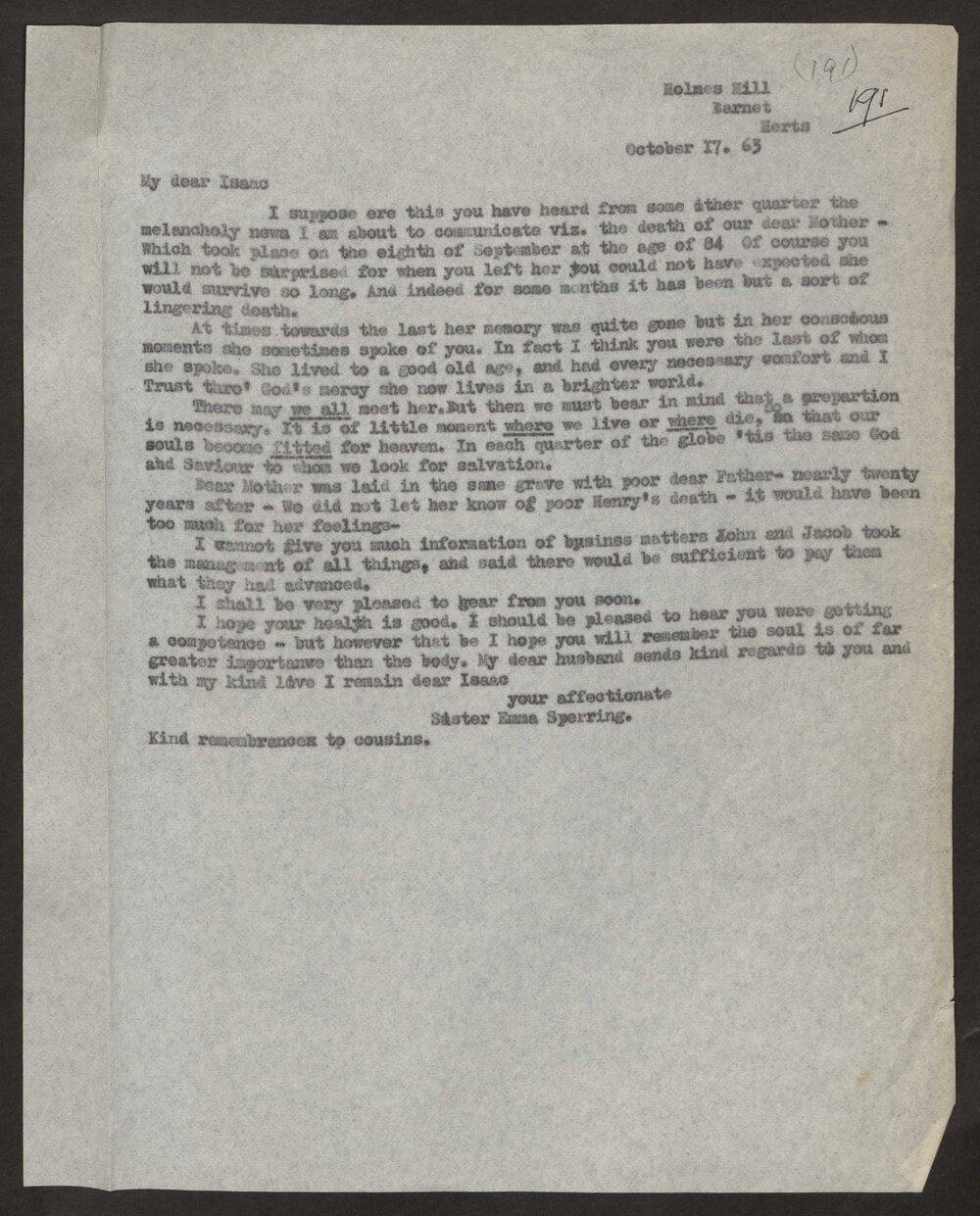 Transcript of letter Emma Sperring (formerly Batt) to Isaac Hayward (jnr)