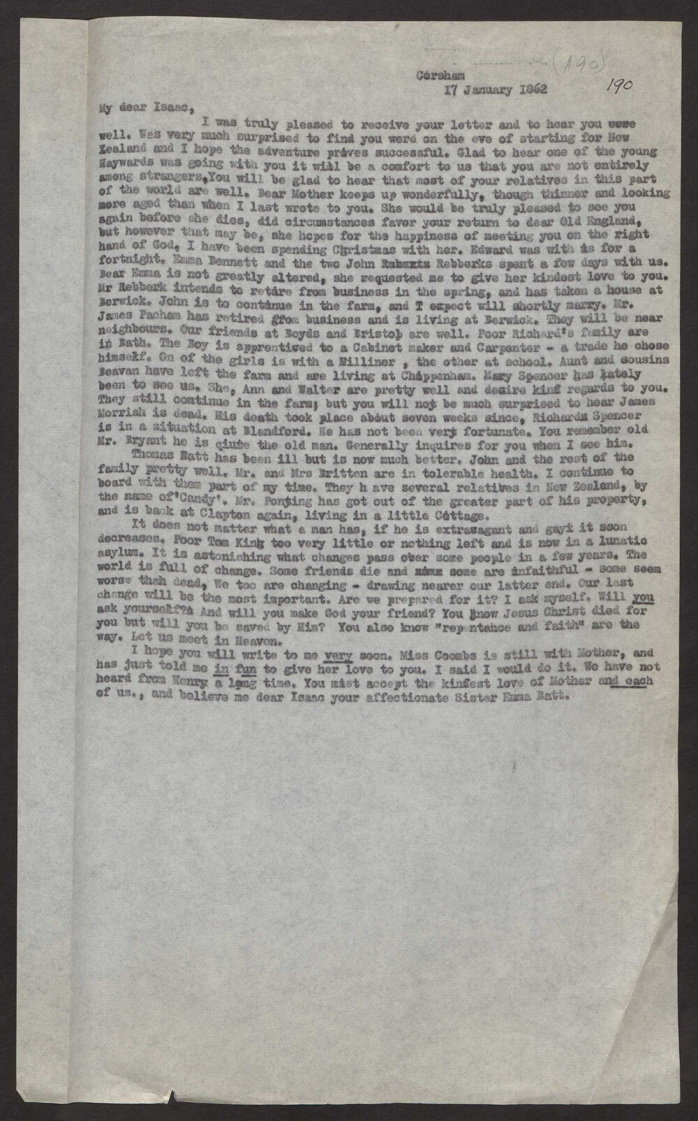 Transcript of letter Emma Batt to brother in law(?), Isaac Hayward (jnr)