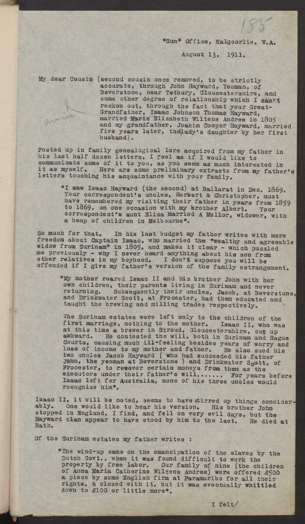 Transcript of letter C W A Hayward, Kalgoorlie W A to F G Hayward, 13 August 1911