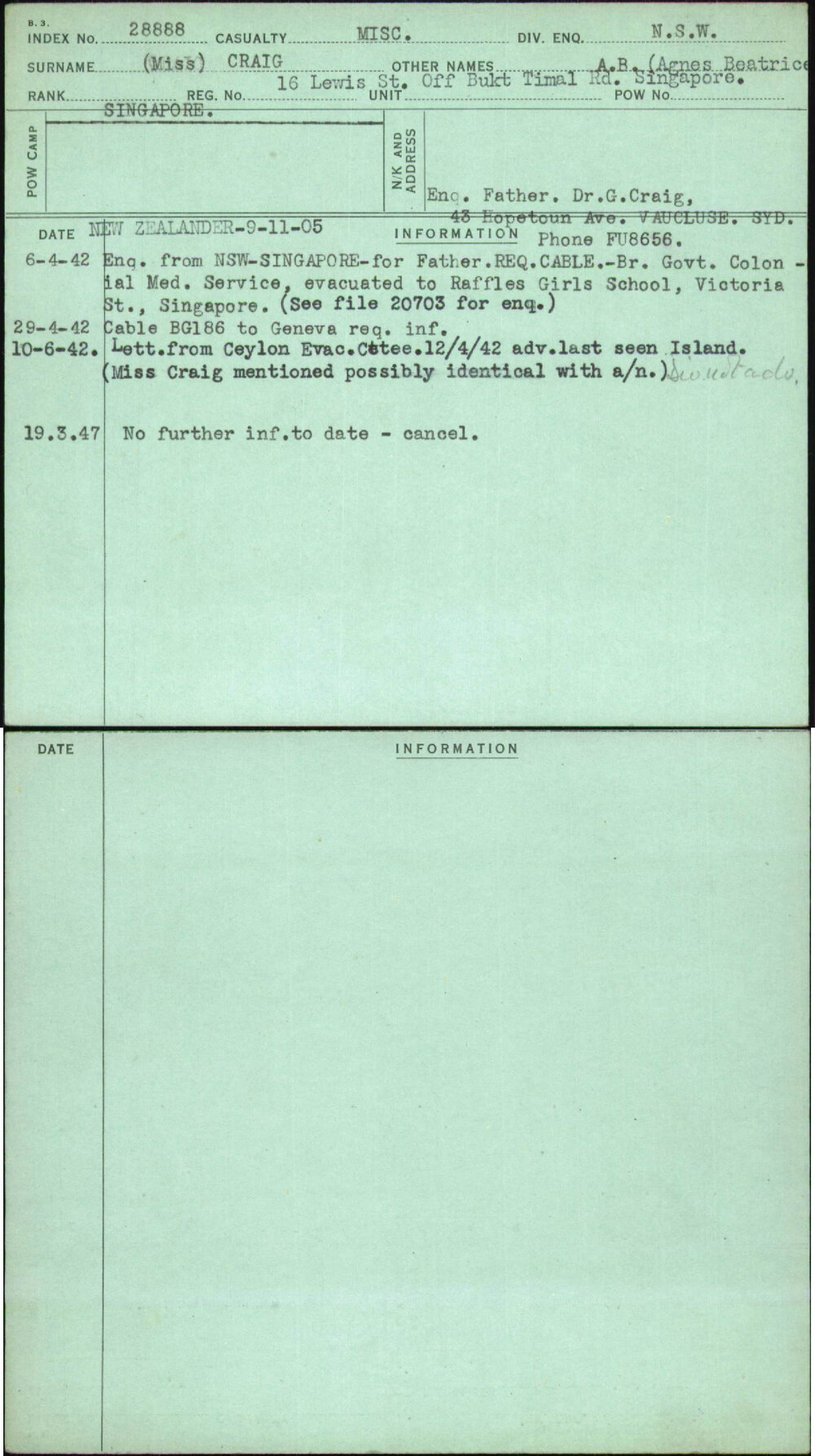Craig, A B (Miss) (Agnes Beatrice, [No Service Number]