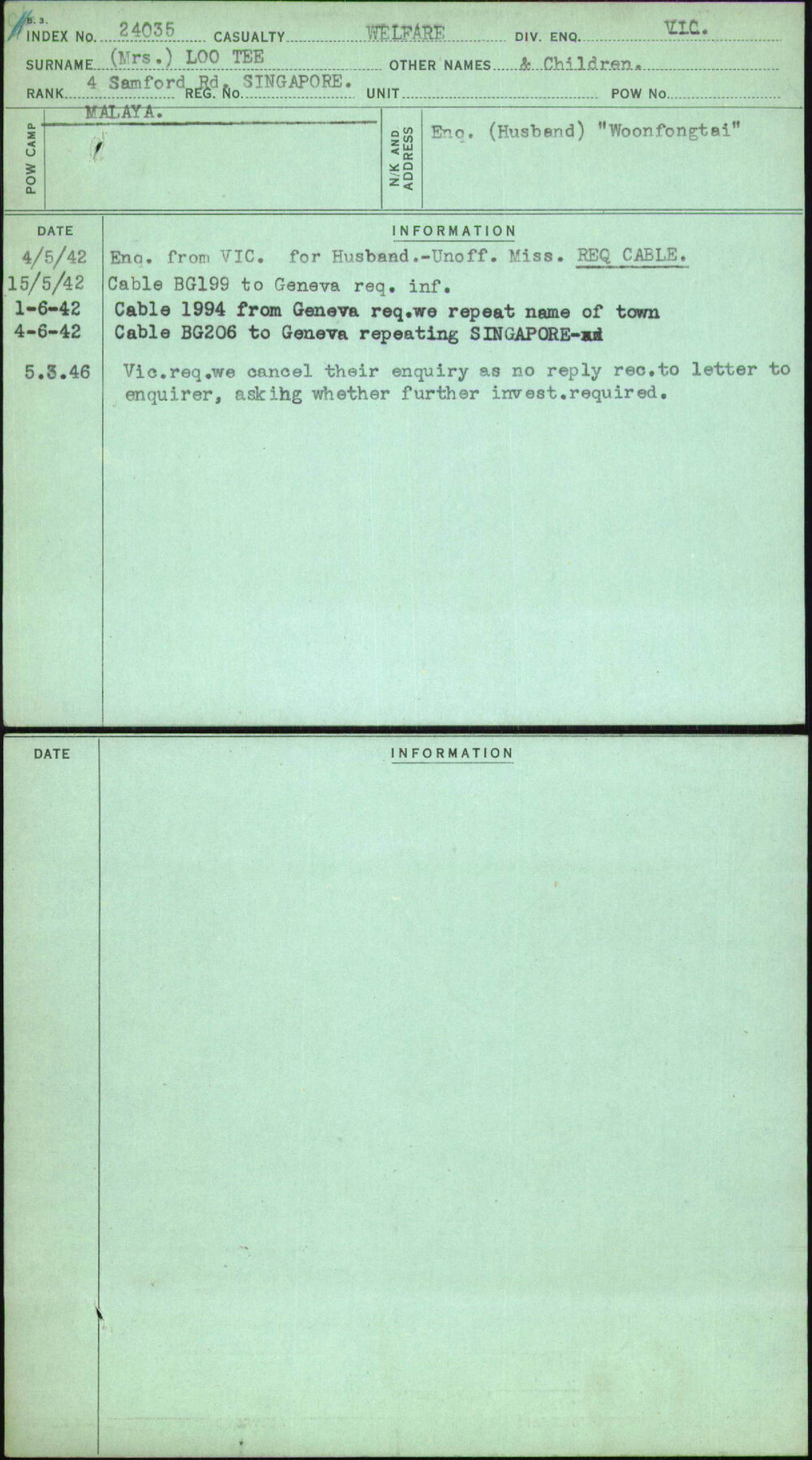 Loo Tee (Mrs), Children, [No Service Number]