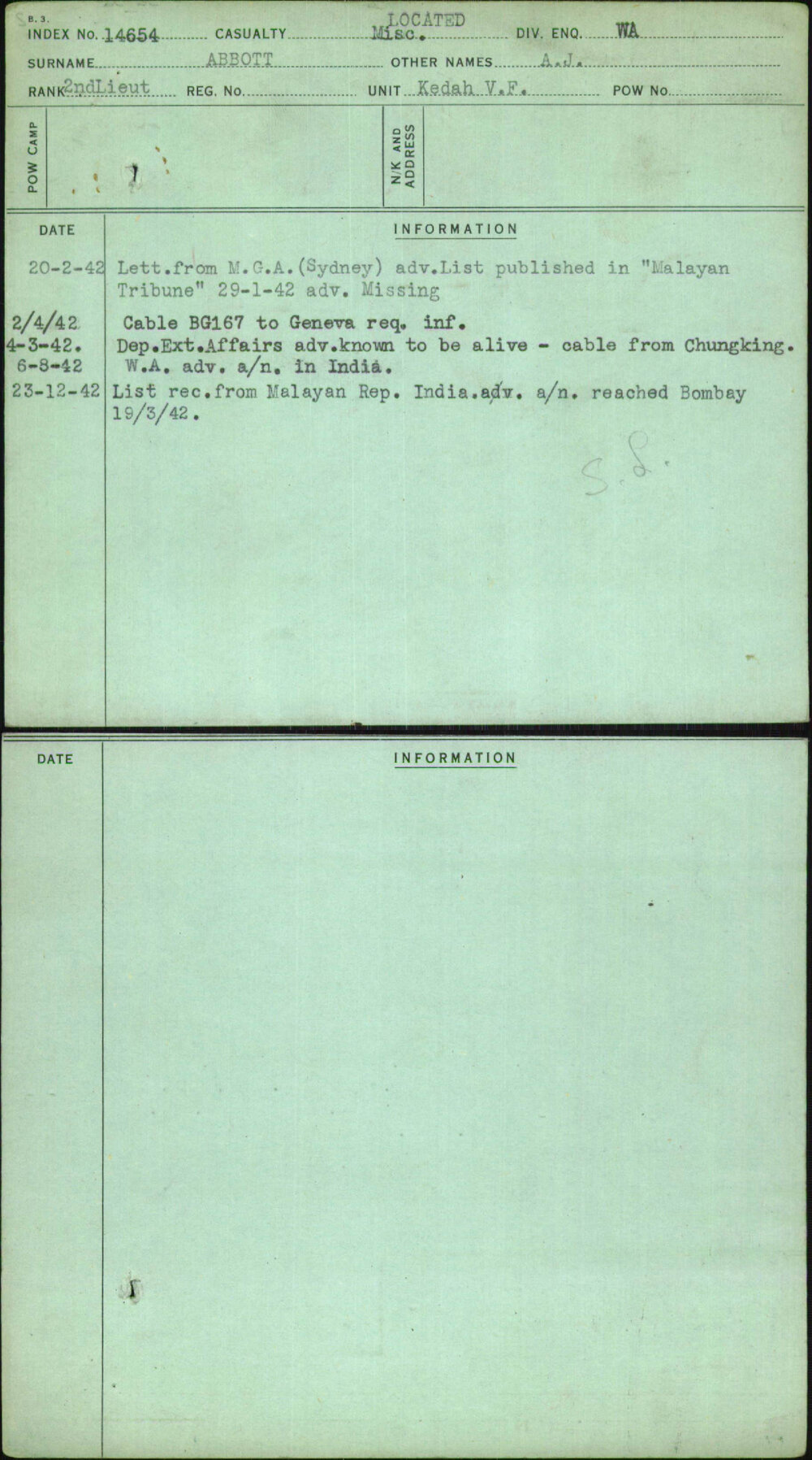 Abbott, A J, [No Service Number]