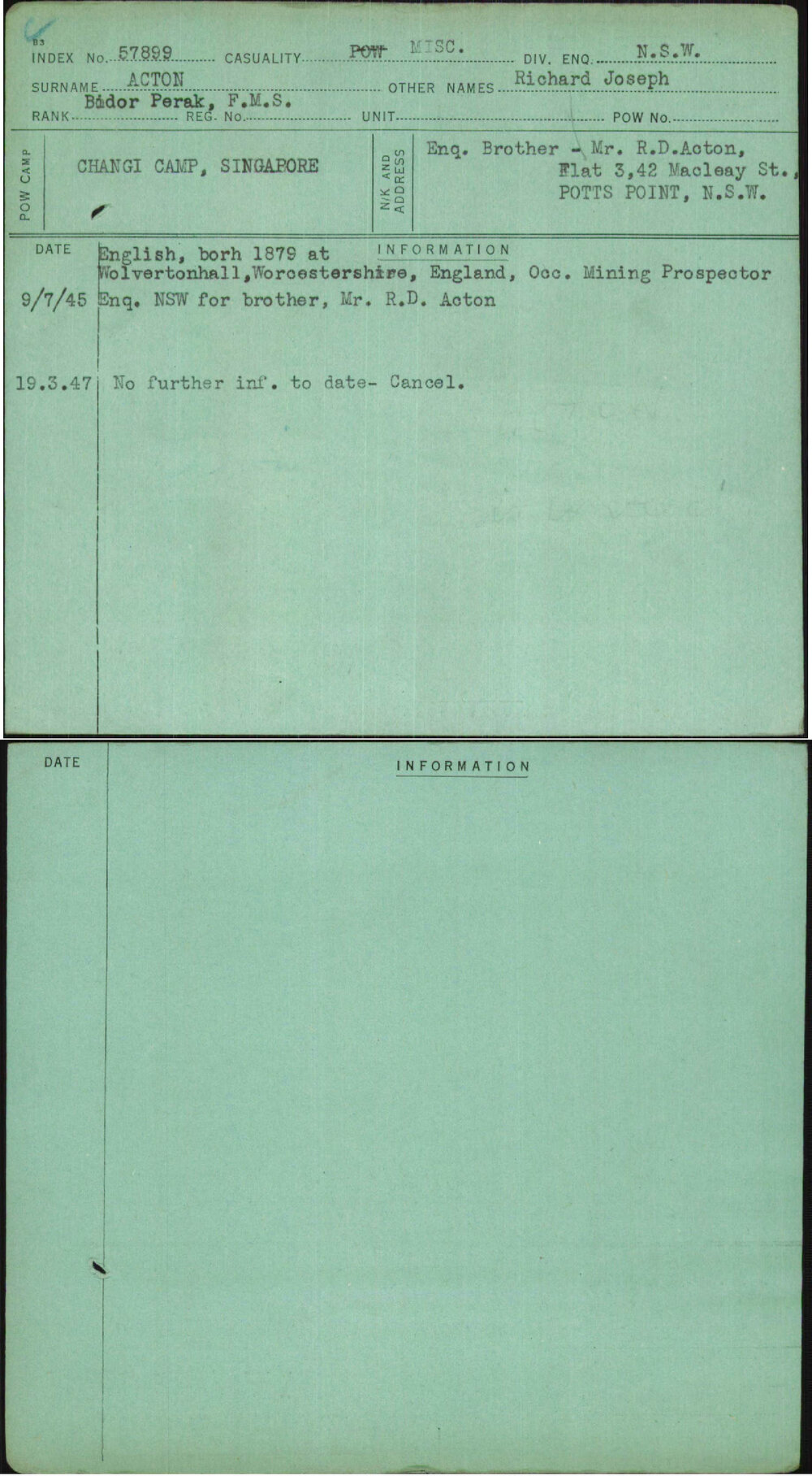 Acton, Richard Joseph, [No Service Number]