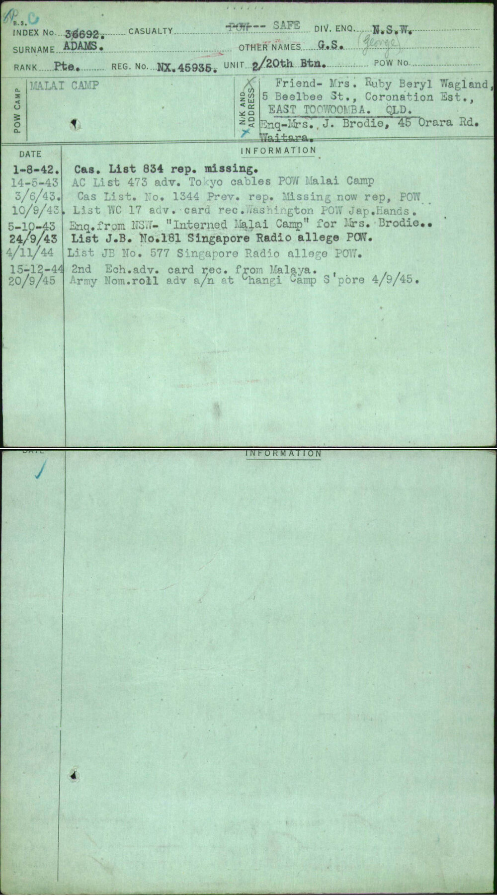 Adams, G S, NX45935
