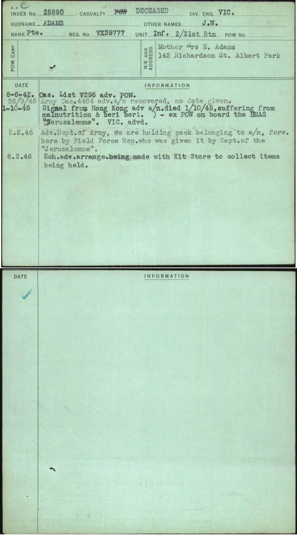Adams, J W, VX39777