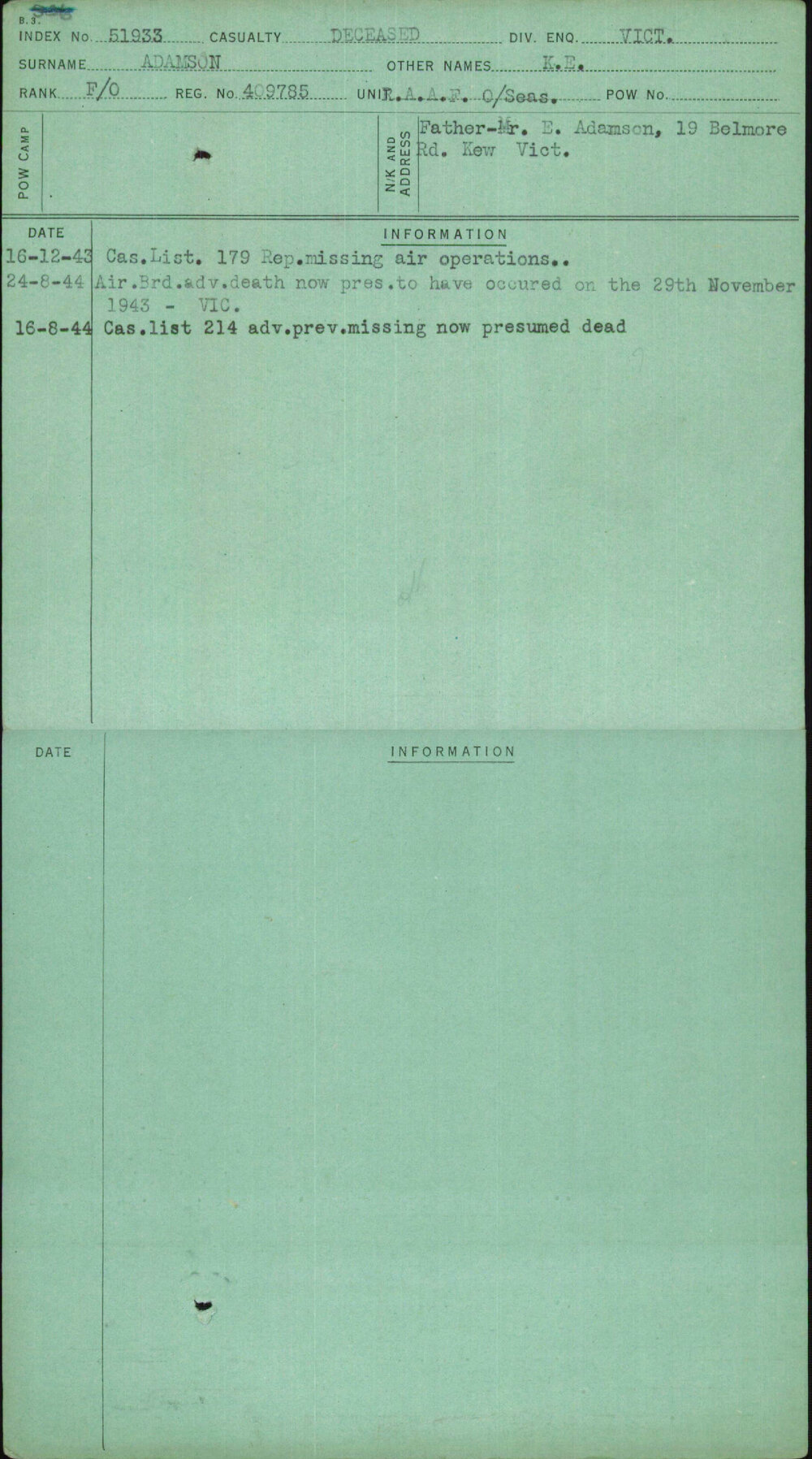 Adamson, K E, 409785