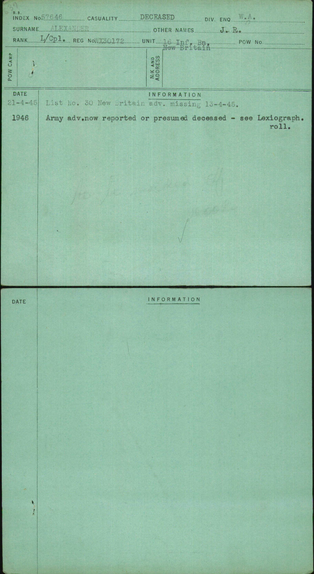 Alexander, J R, WX30172