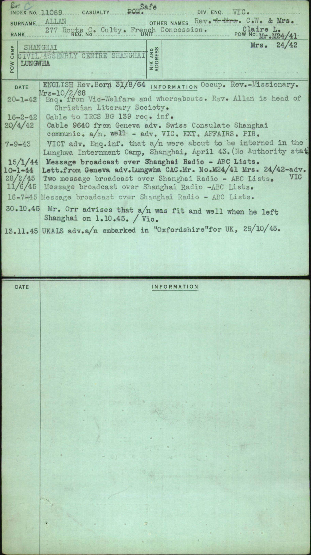 Allan, C W And Claire L, [No Service Number]