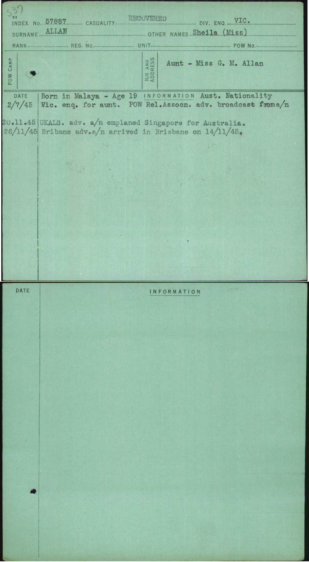 Allan, Sheila, [No Service Number]