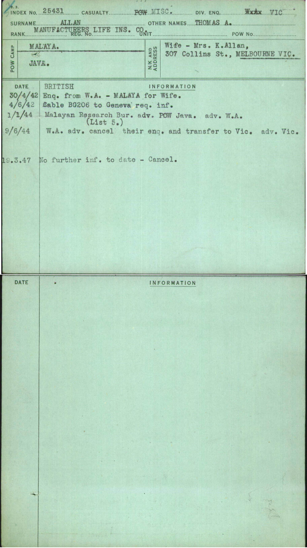 Allan, Thomas A, [No Service Number]