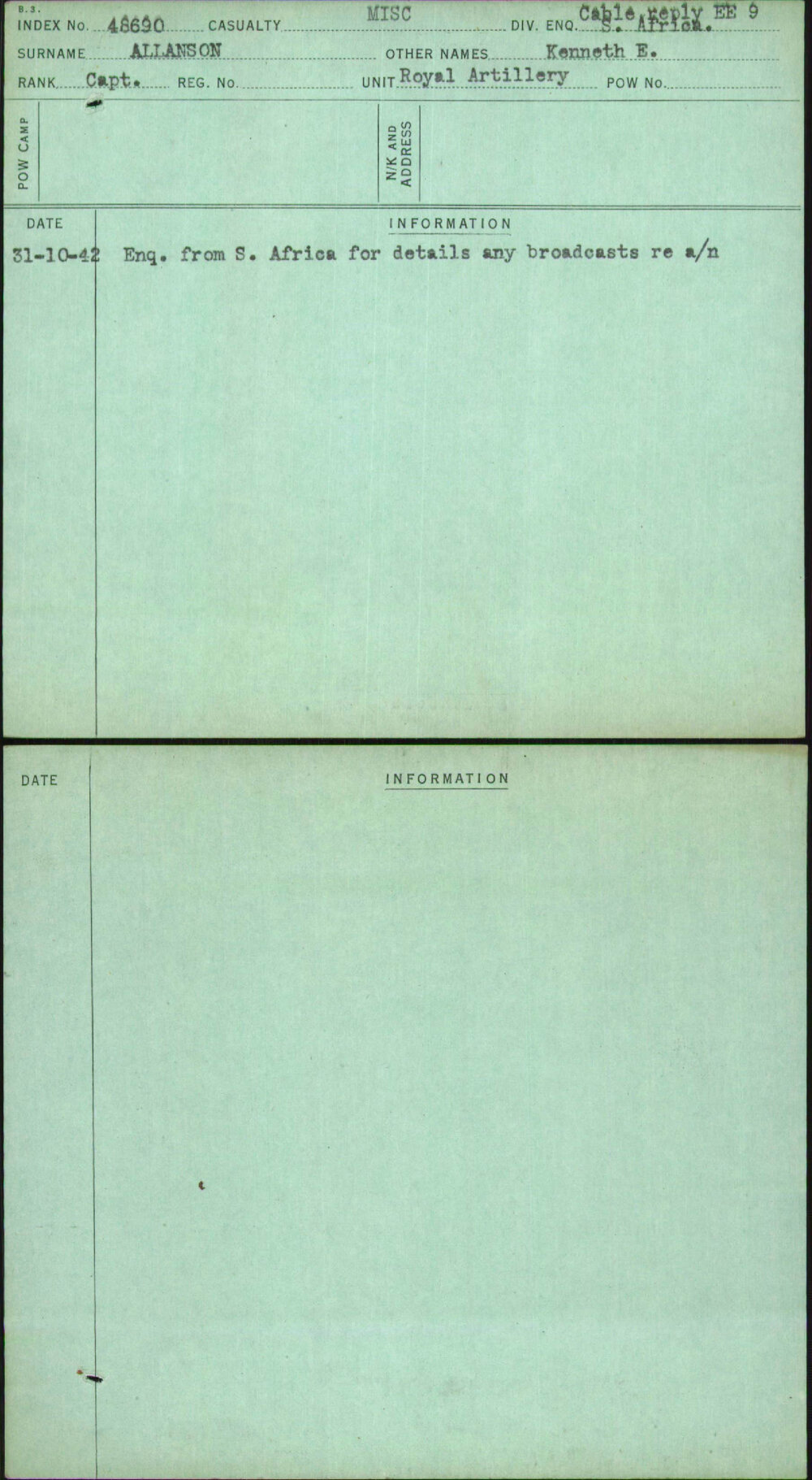 Allanson, Kenneth E, [No Service Number]