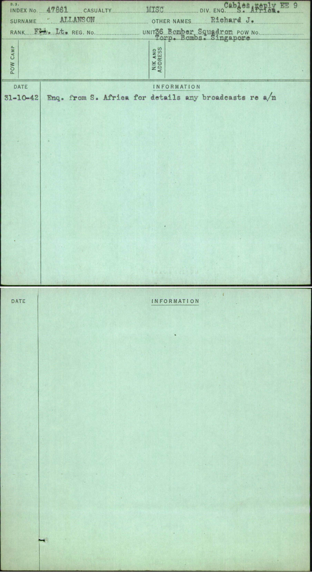 Allanson, Richard J, [No Service Number]