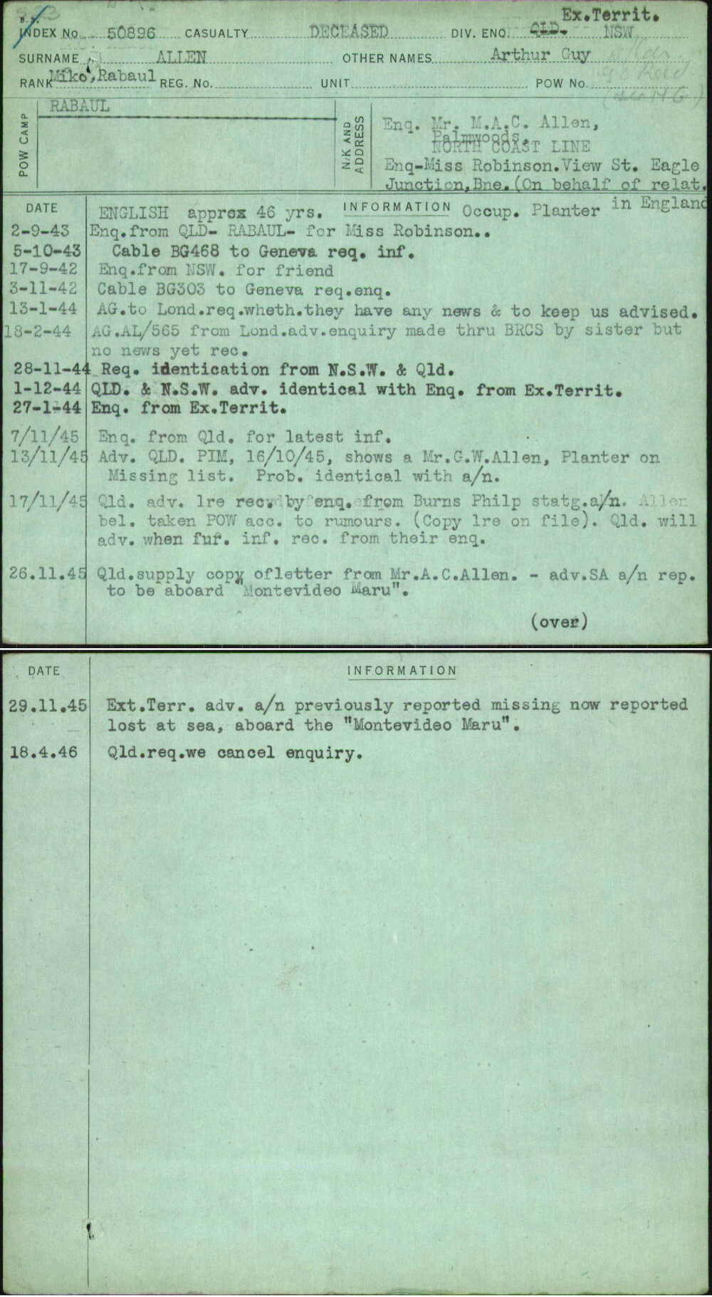 Allen, Arthur Guy, [No Service Number]