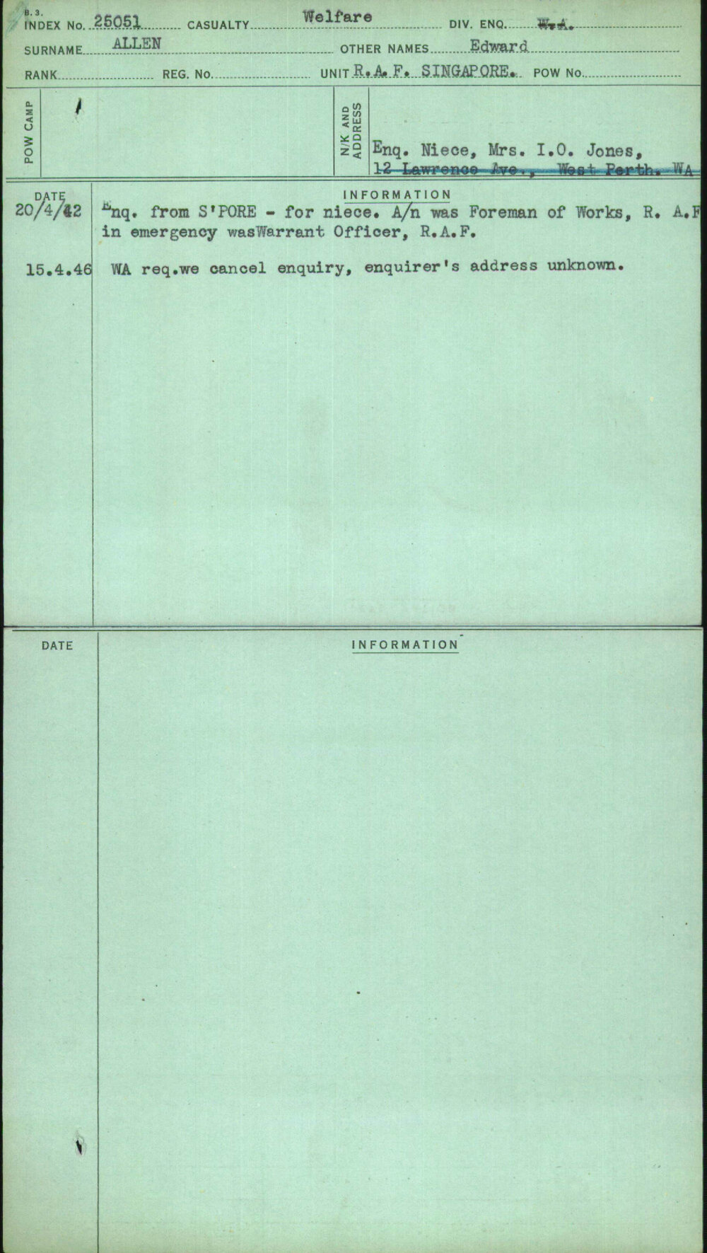 Allen, Edward, [No Service Number]