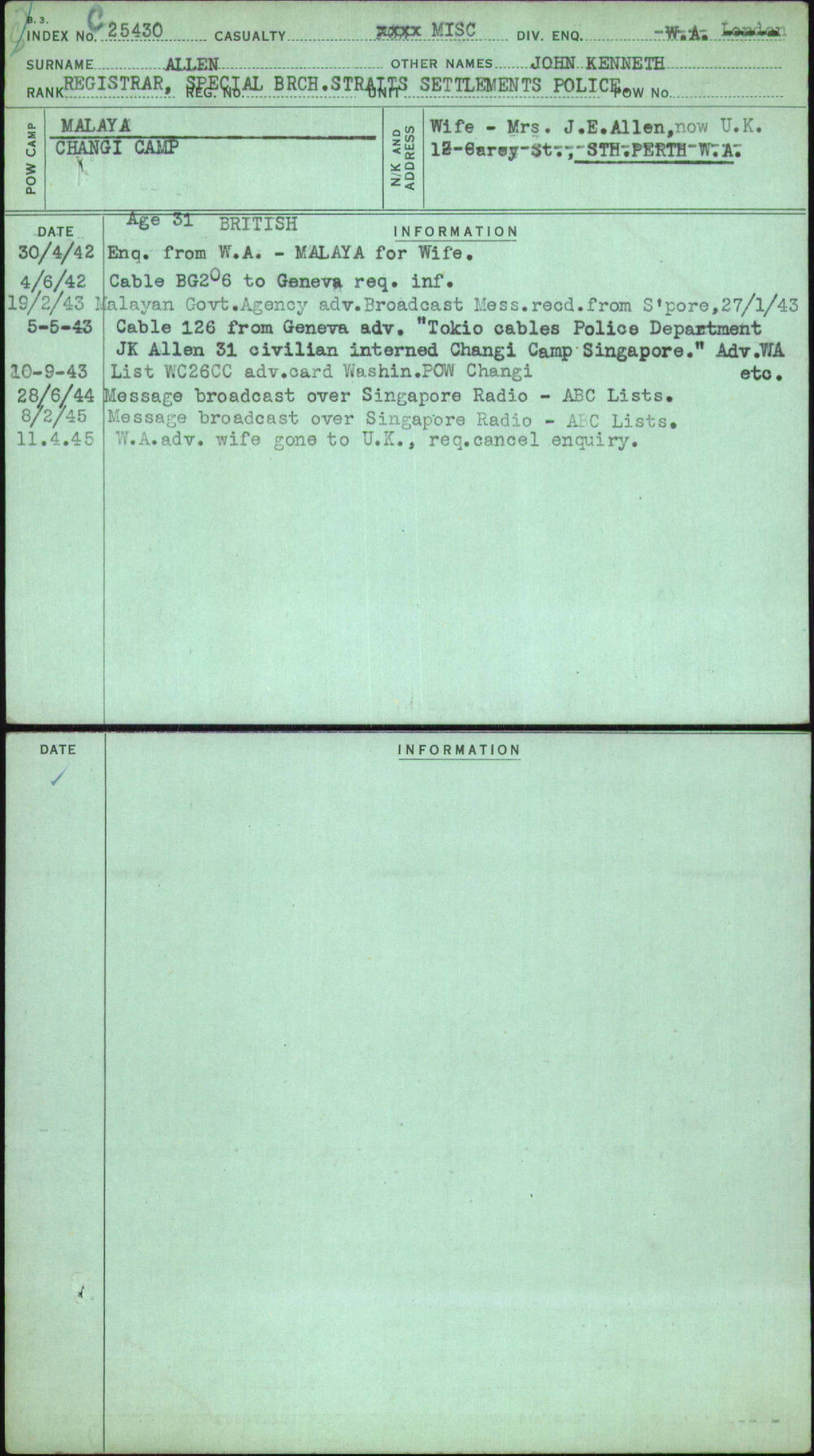 Allen, John Kenneth, [No Service Number]