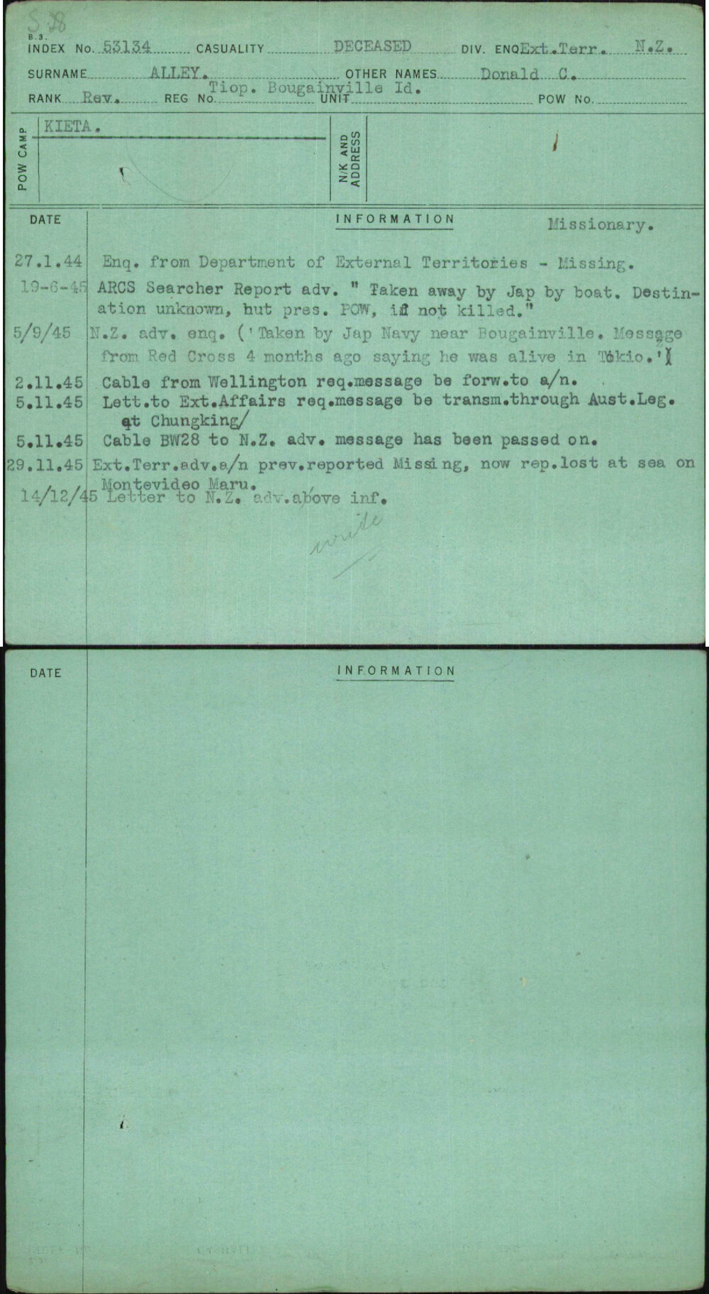 Alley, Donald C, [No Service Number]