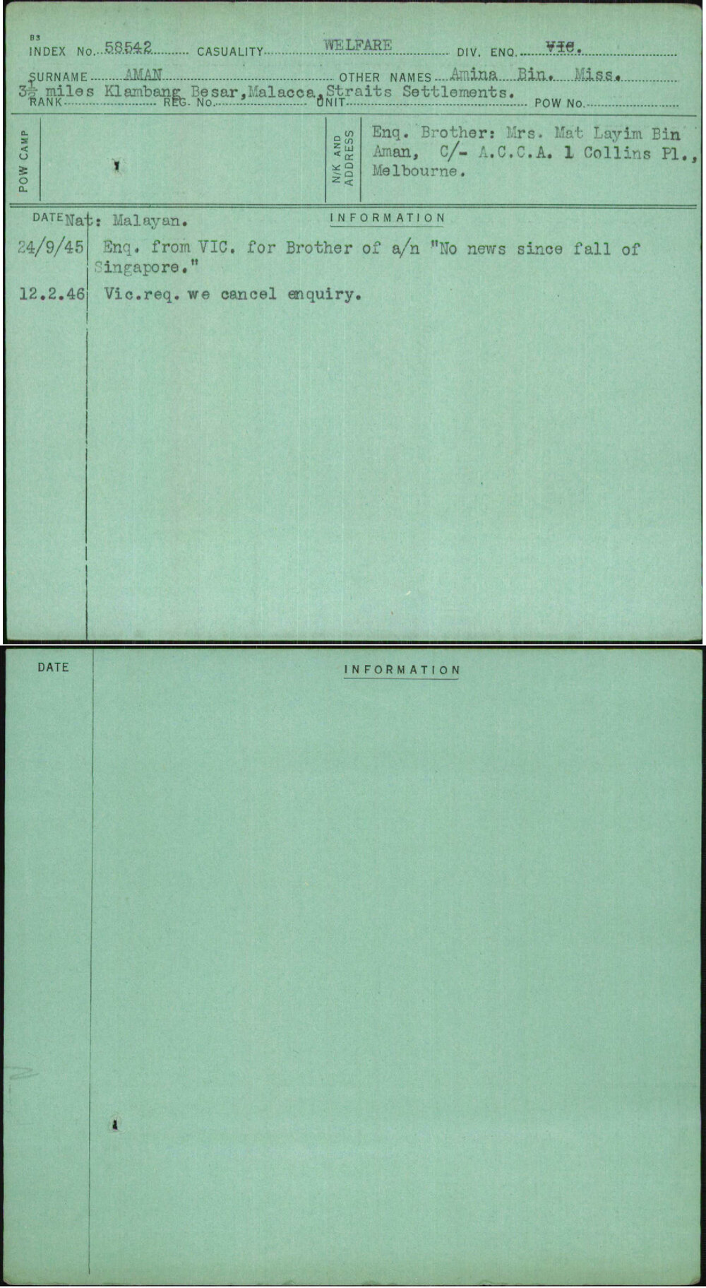 Aman, Amina Bin, [No Service Number]
