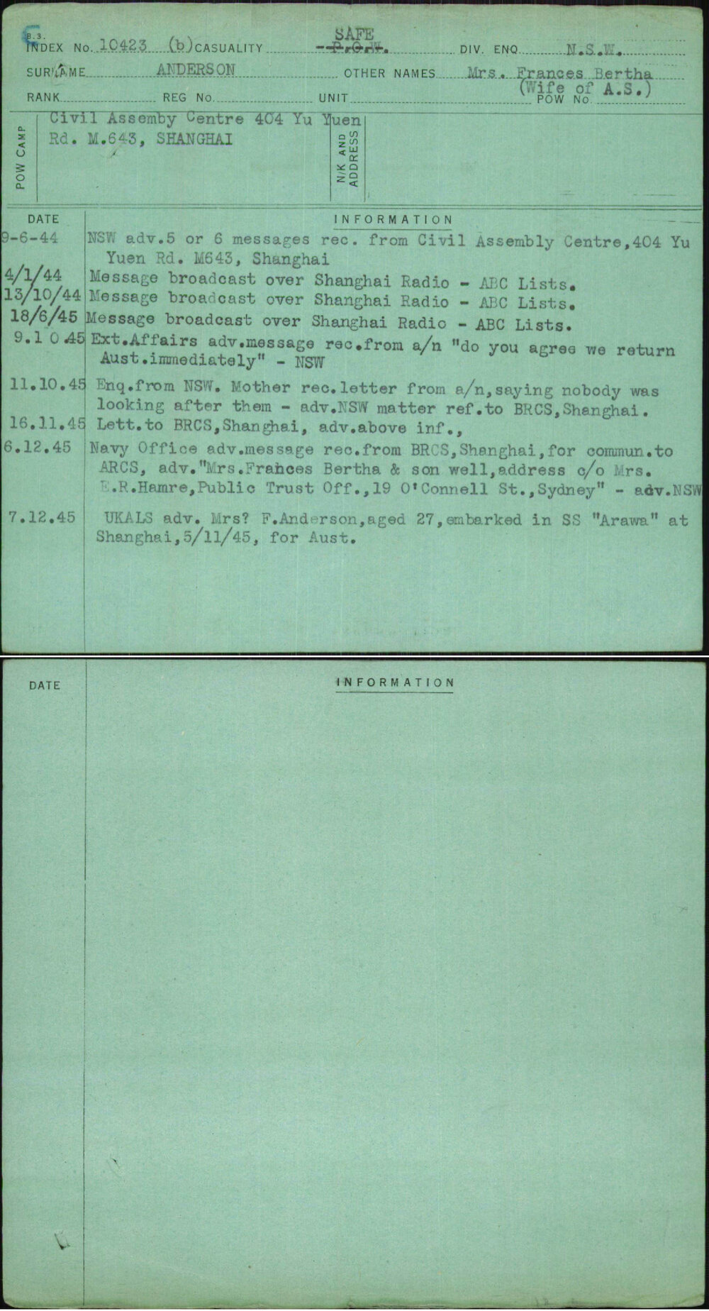 Anderson, Frances Bertha, [No Service Number]