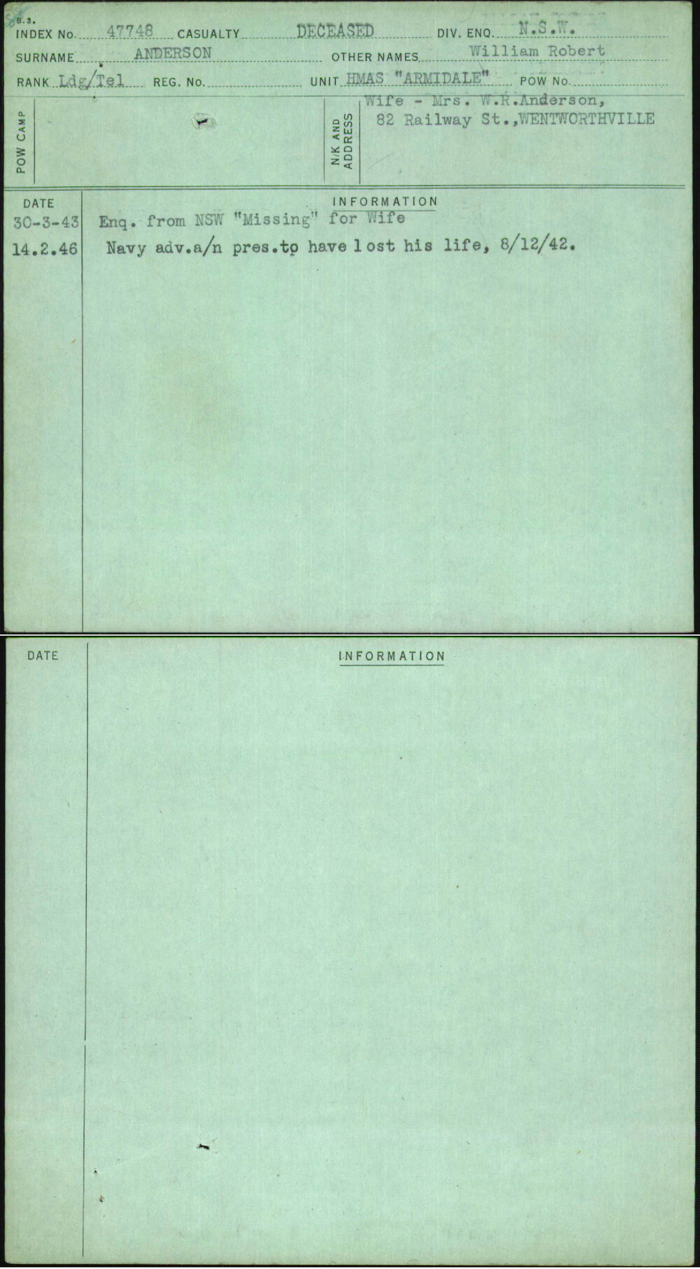 Anderson, William Robert, [No Service Number]