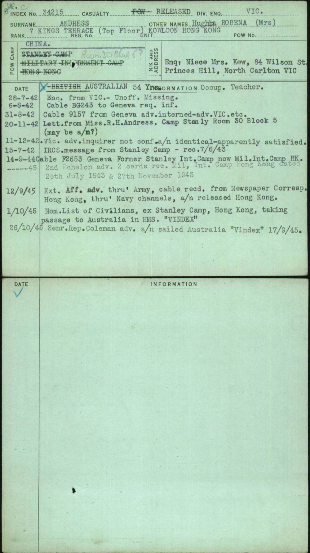 Andress, Hughina Robena (Mrs), [No Service Number]