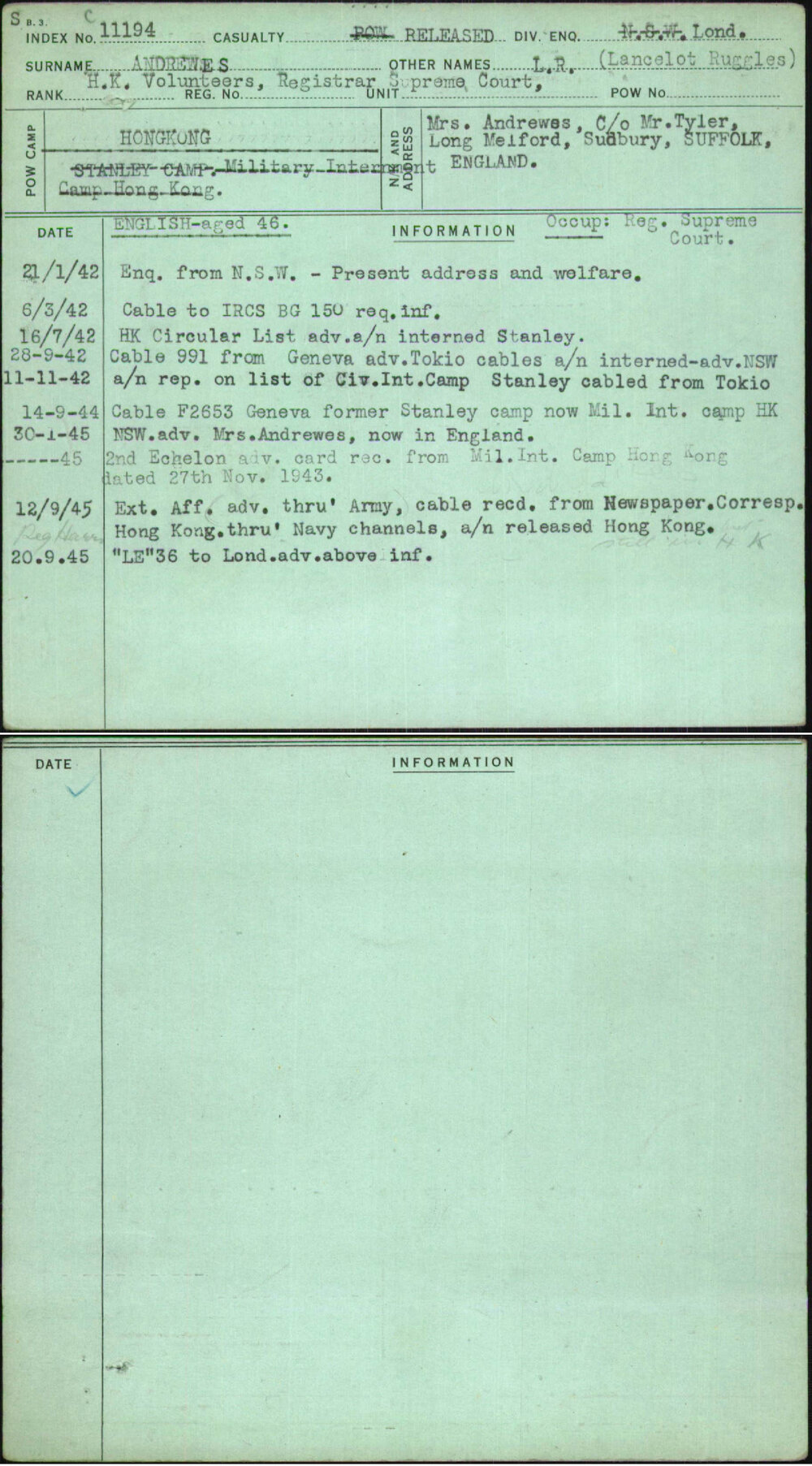 Andrewes, L R (Lancelot Ruggles), [No Service Number]