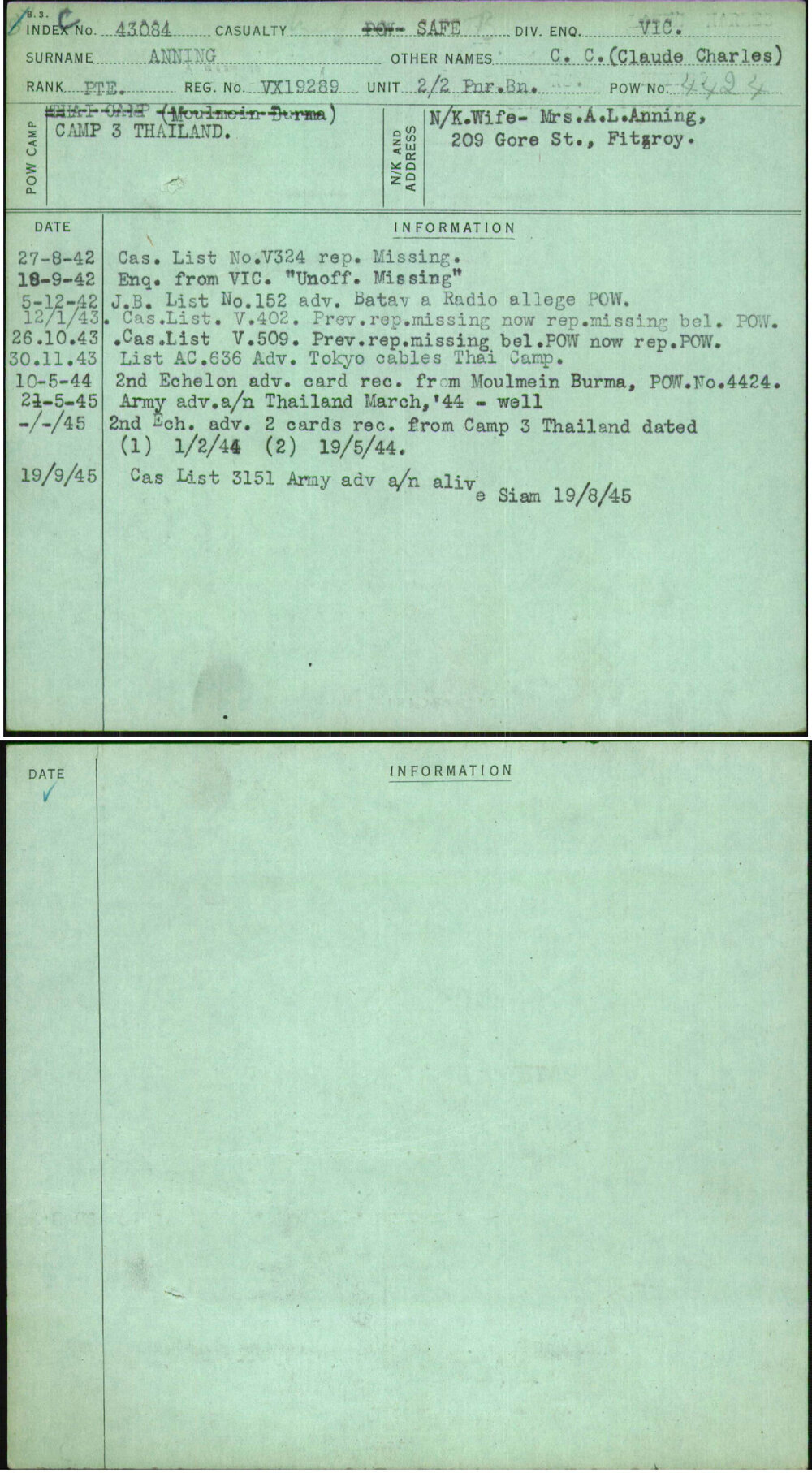Anning, C C (Claude Charles), VX19289