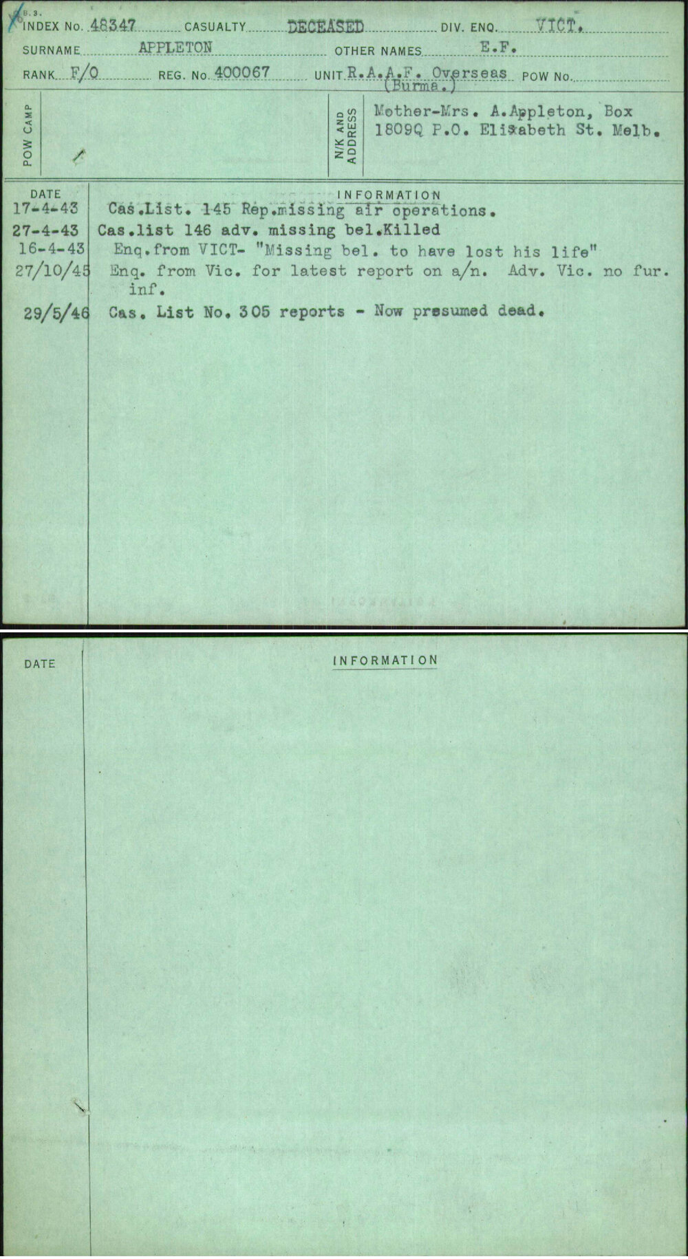 Appleton, E F, 400067