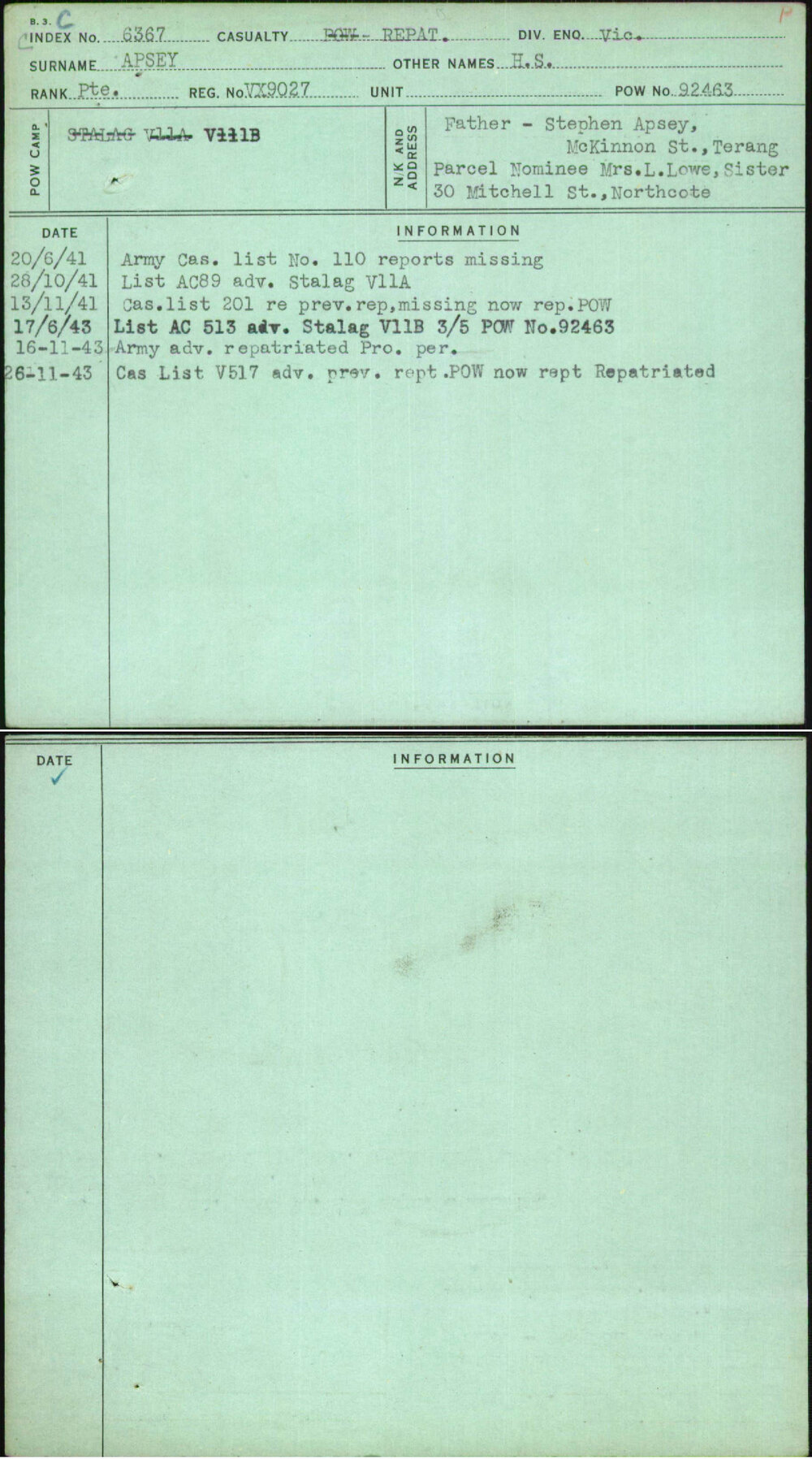 Apsey, H S, VX9027